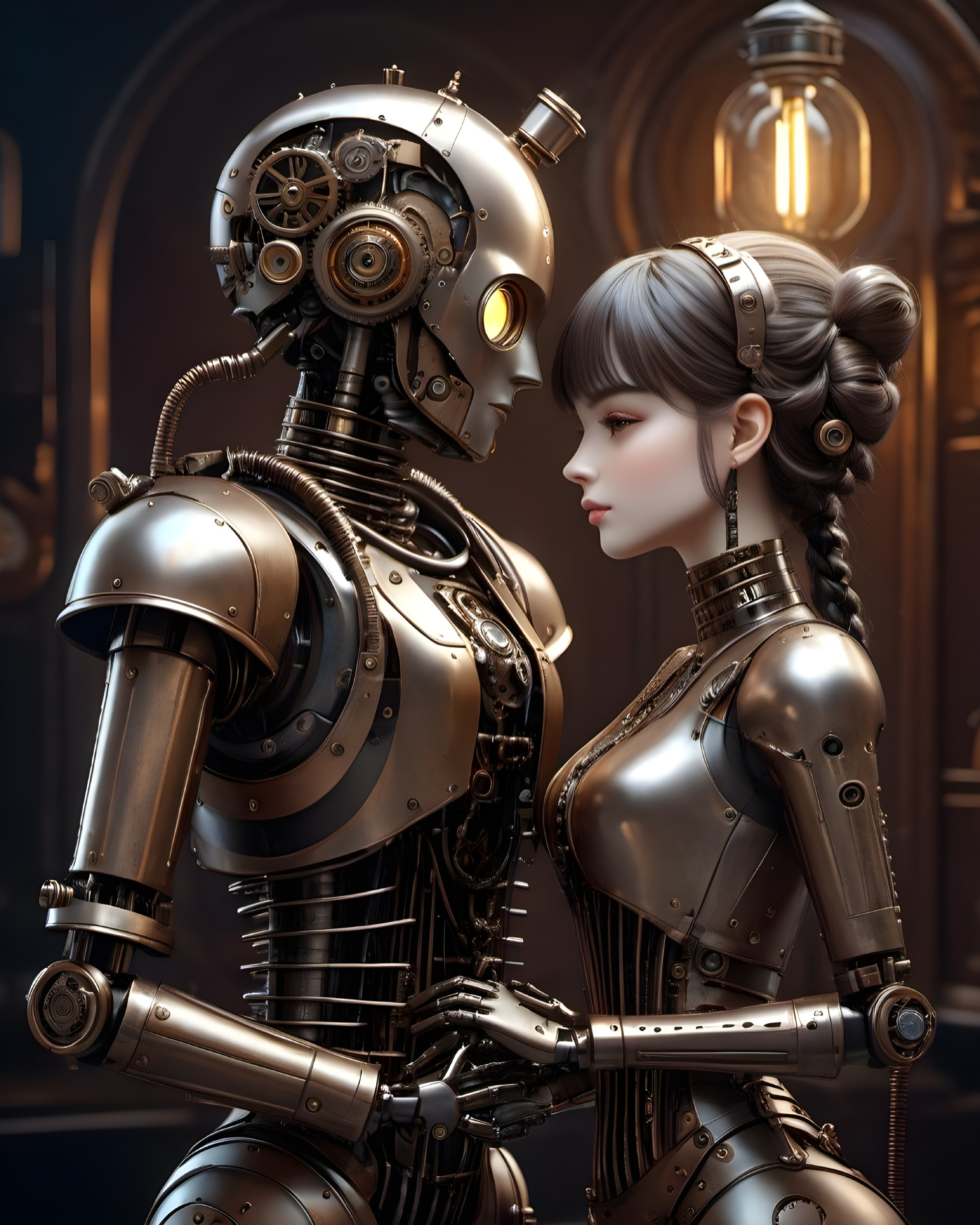 Detailed 3D humanoid and female robots in futuristic steampunk scene