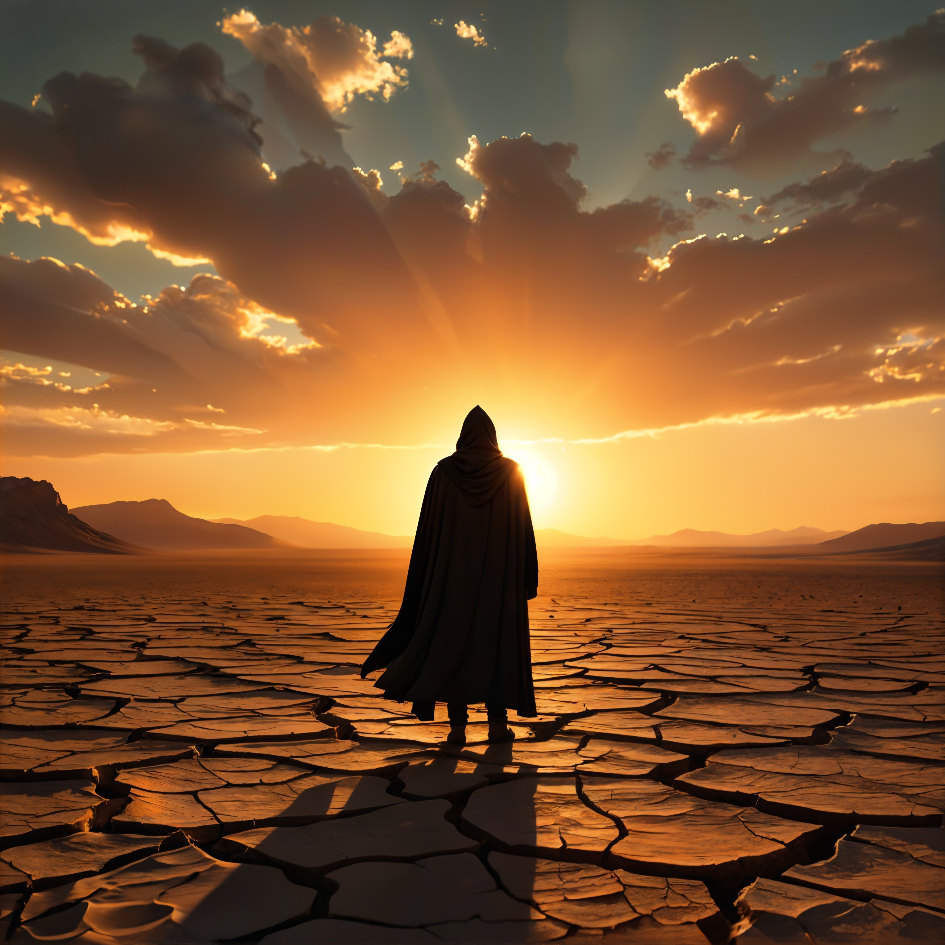 Hooded Figure on Arid Landscape at Sunset