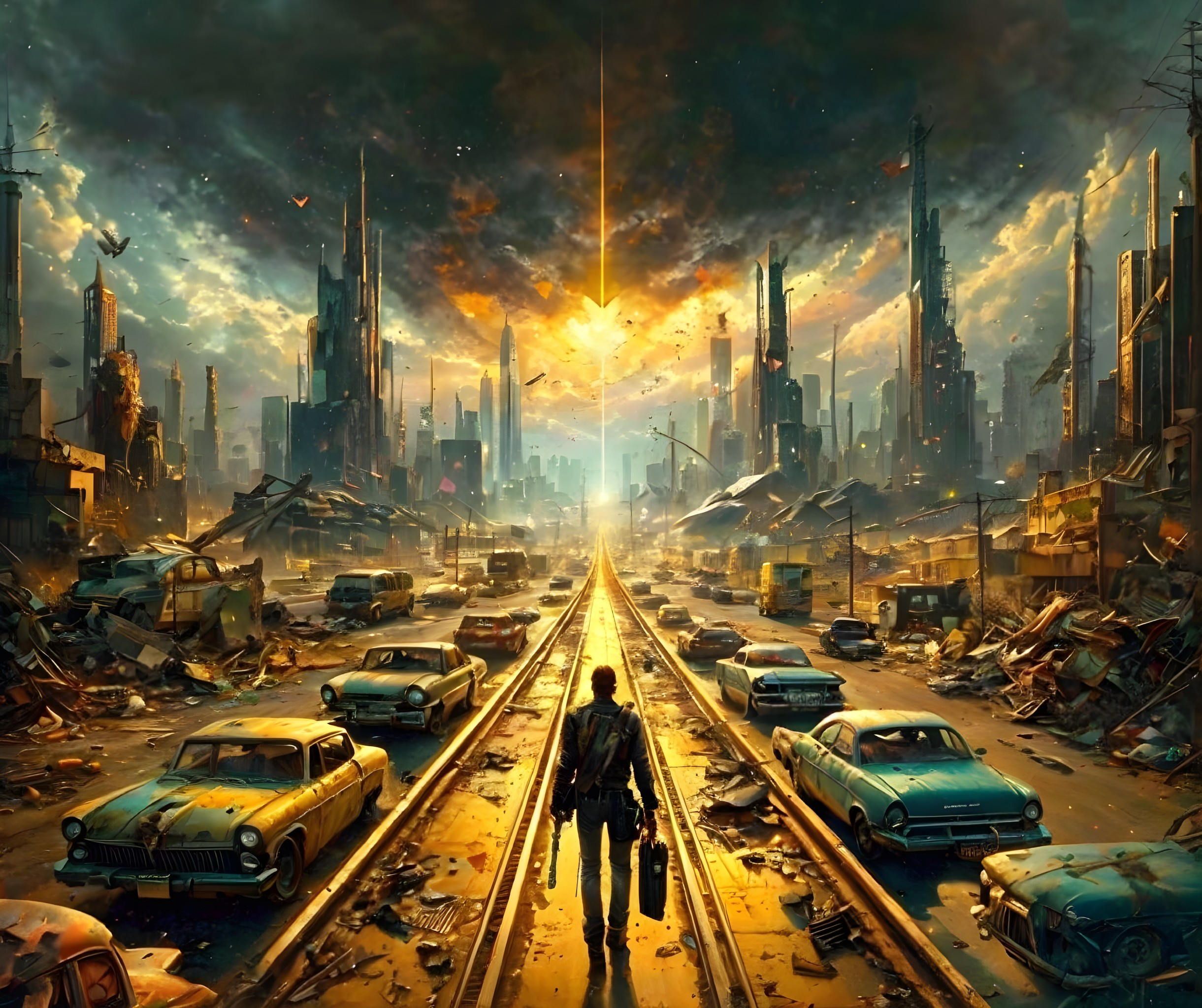 Person on Train Track in Dystopian Cityscape