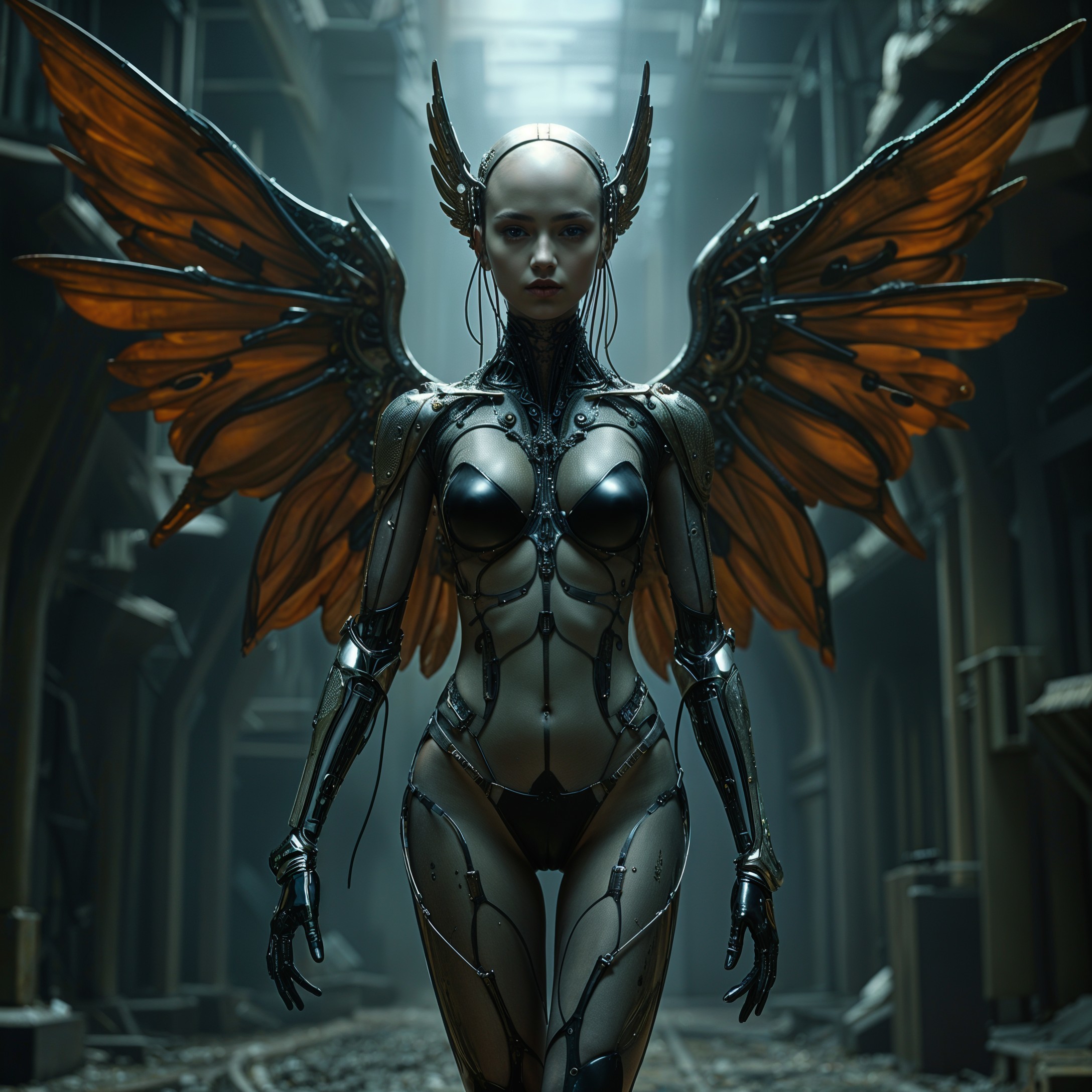 Futuristic Humanoid with Metallic Designs and Wings