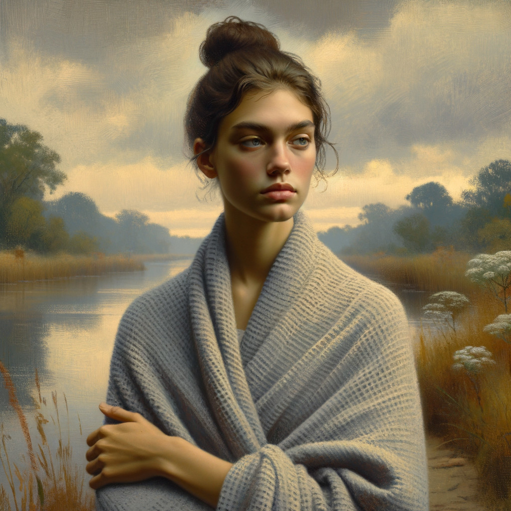 Young Woman by Serene River in Autumn Landscape