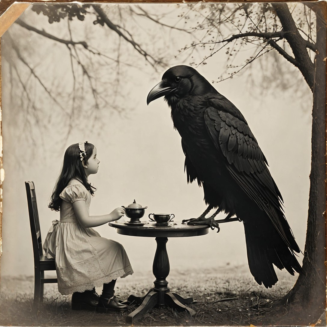 Whimsical Black-and-White Scene with Girl and Raven