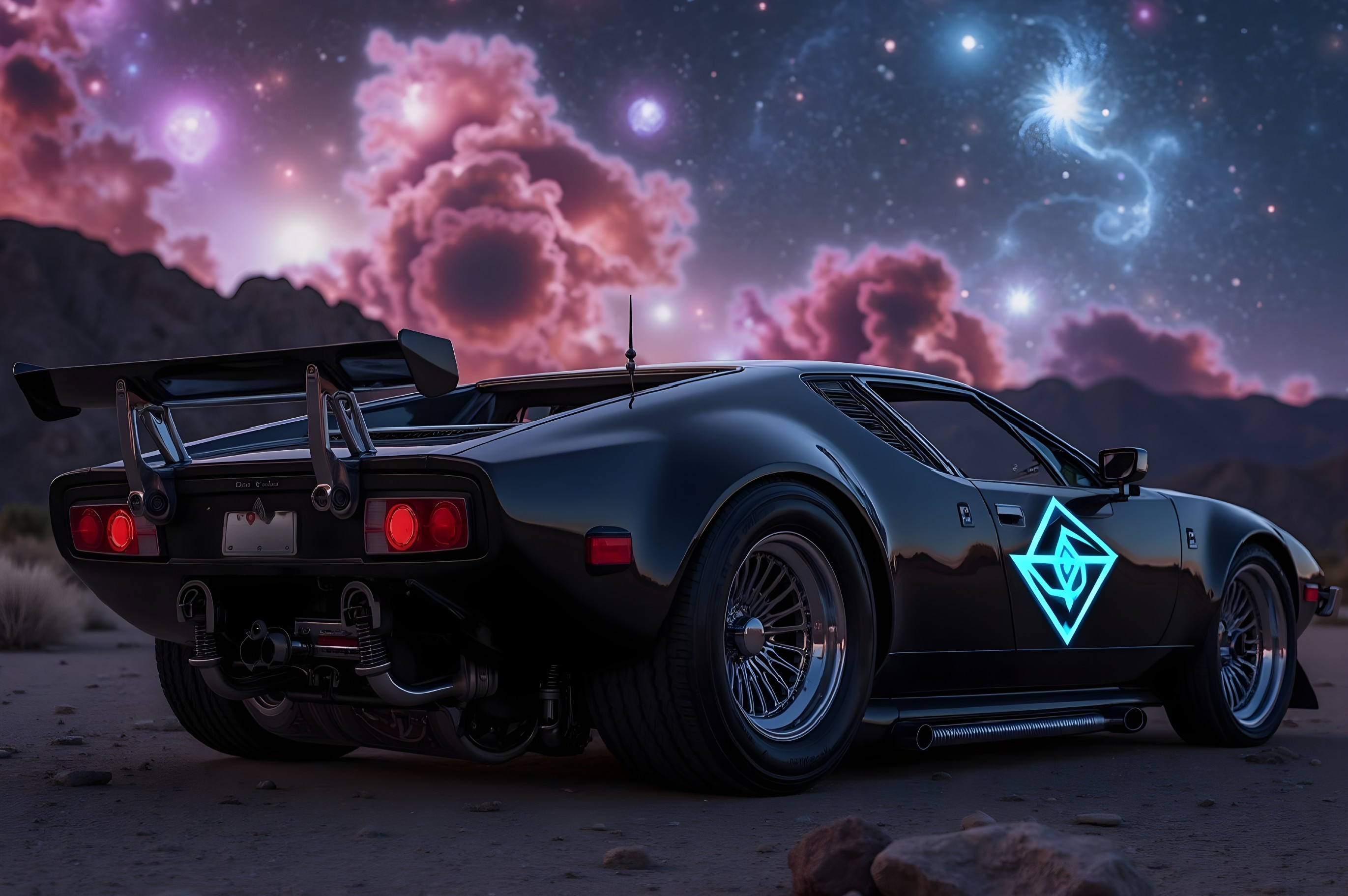 Futuristic Black Sports Car in Starry Desert Landscape