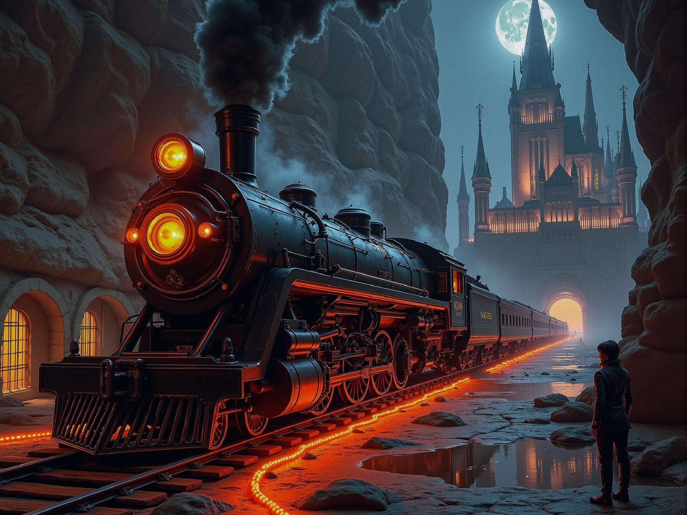 Vintage steam locomotive near a castle under moonlight