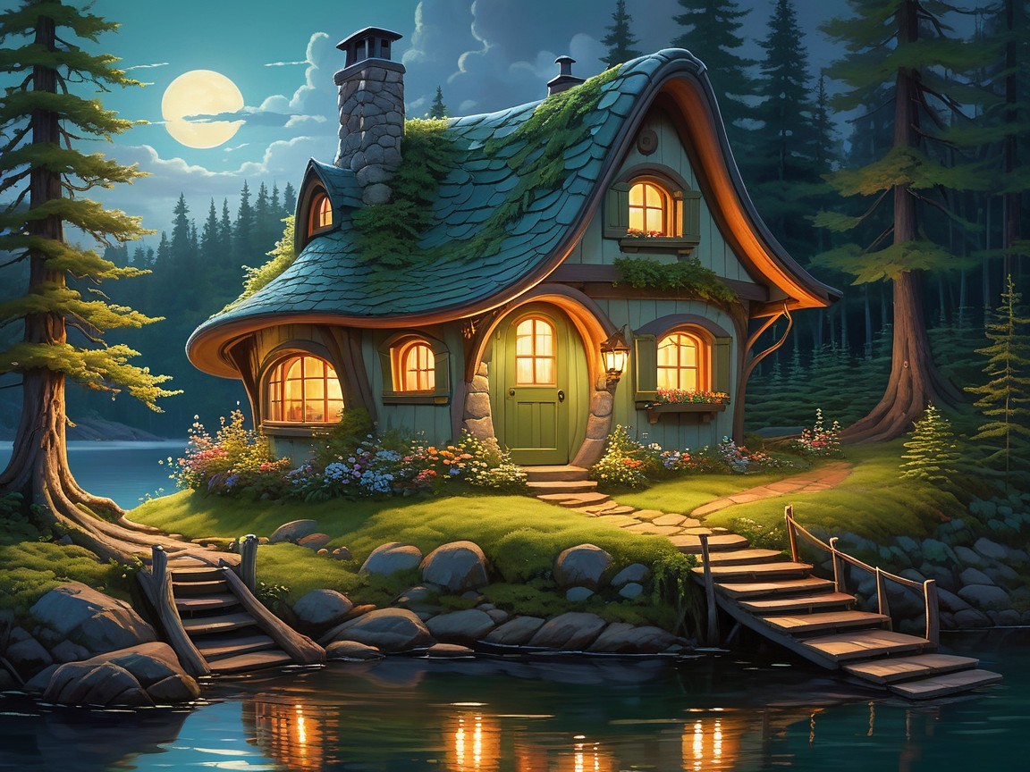 Charming Cottage by Serene Lake with Whimsical Design