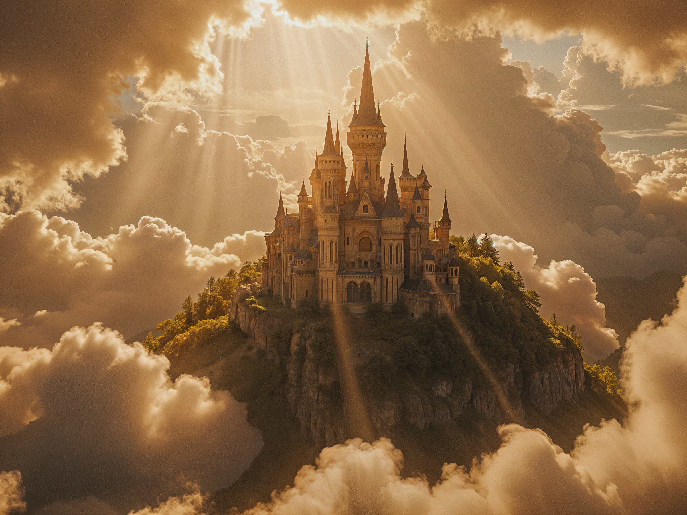 Majestic castle on a rocky hill with dramatic skies
