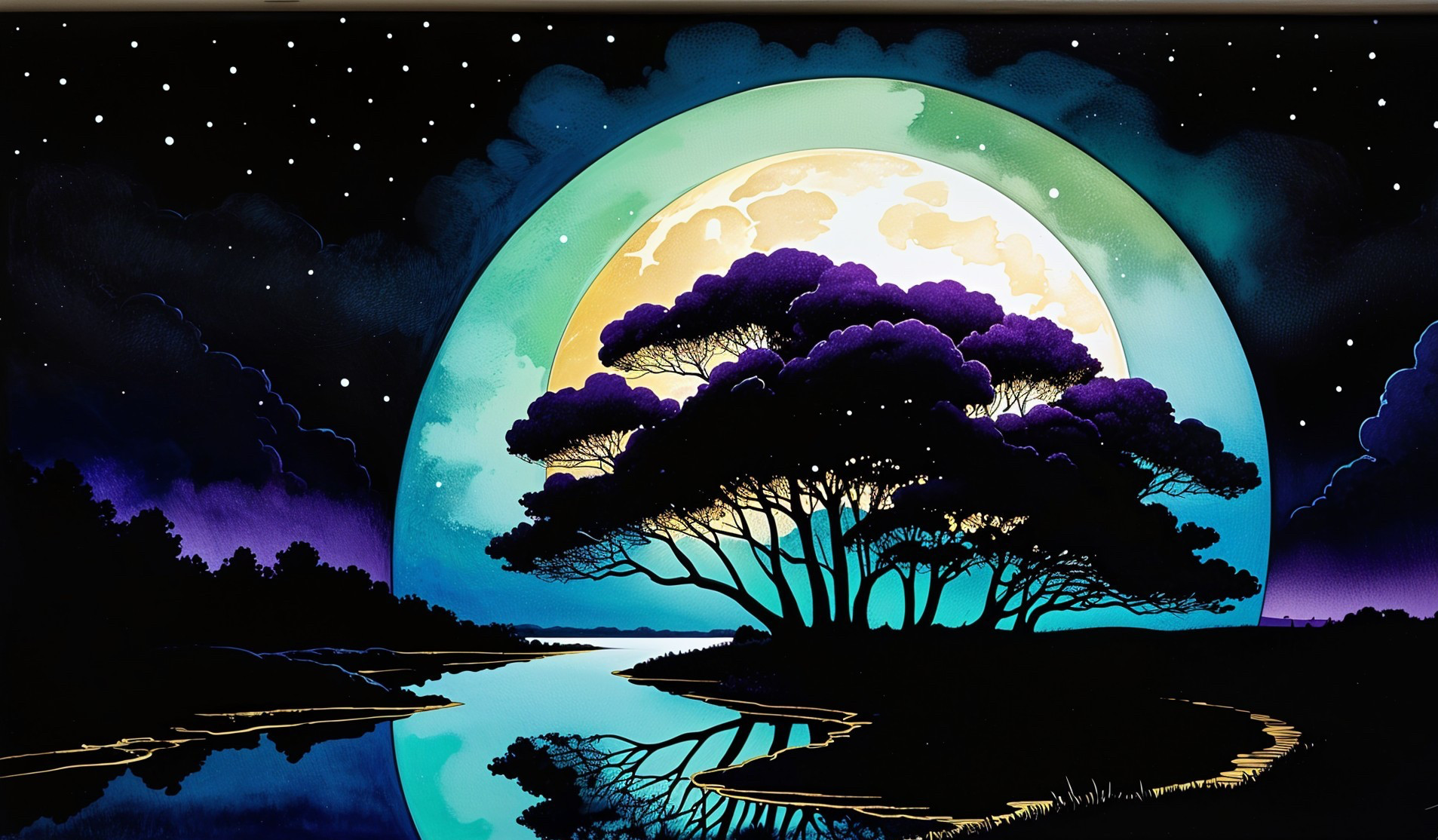 Serene Night Landscape with Moonlit River and Trees