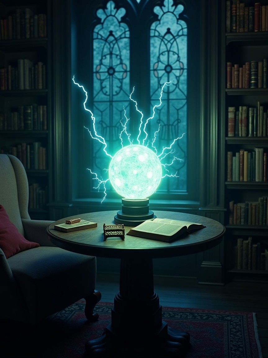 Mystical Globe and Ancient Books in Dim Library