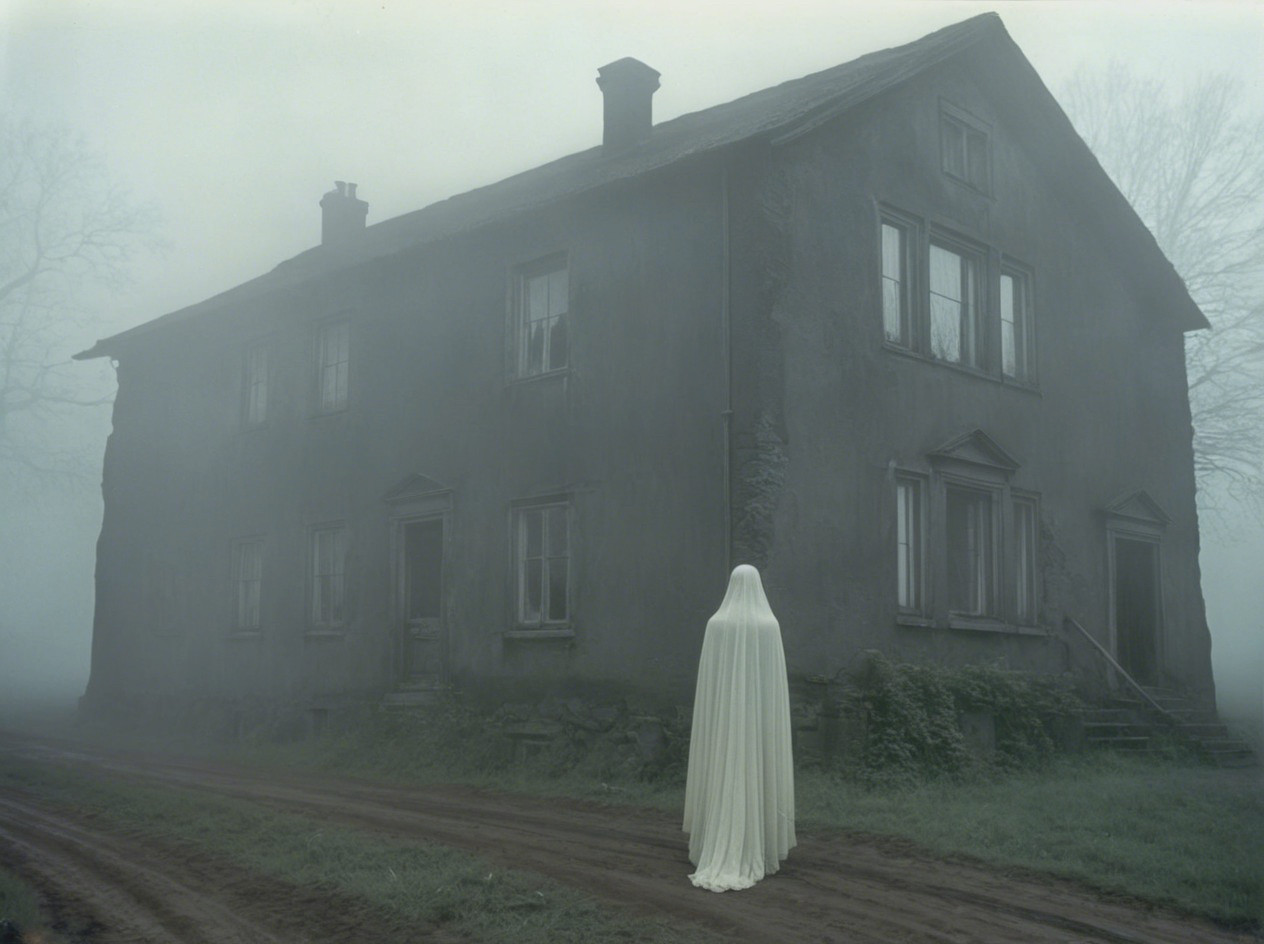 Ghostly Figure in Front of Eerie Dilapidated House