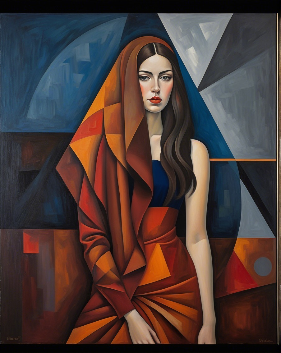 Woman in Vibrant Geometric Fabric with Abstract Background