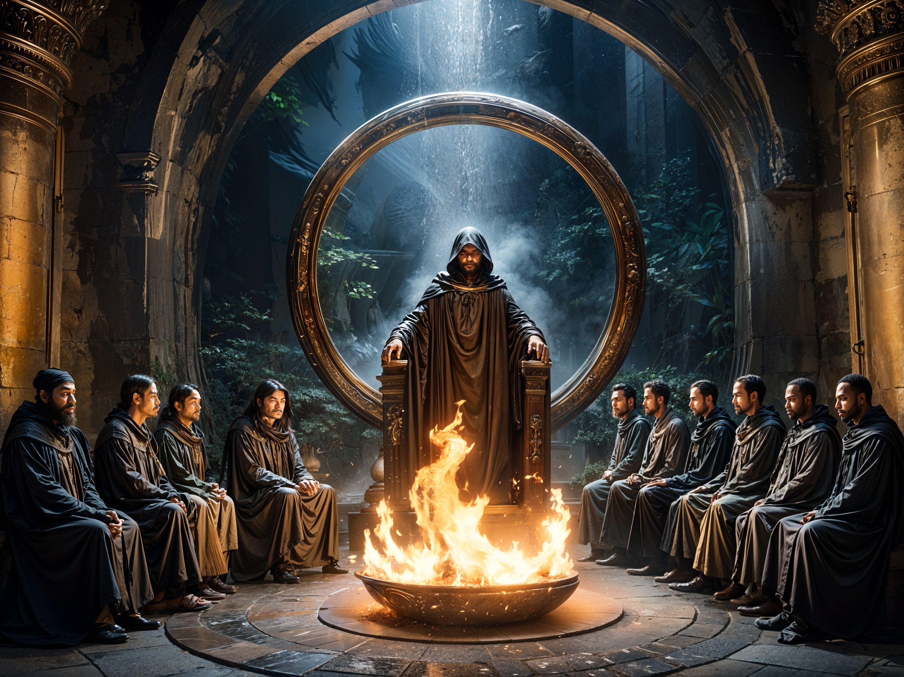 Mysterious figure on throne in ancient temple setting