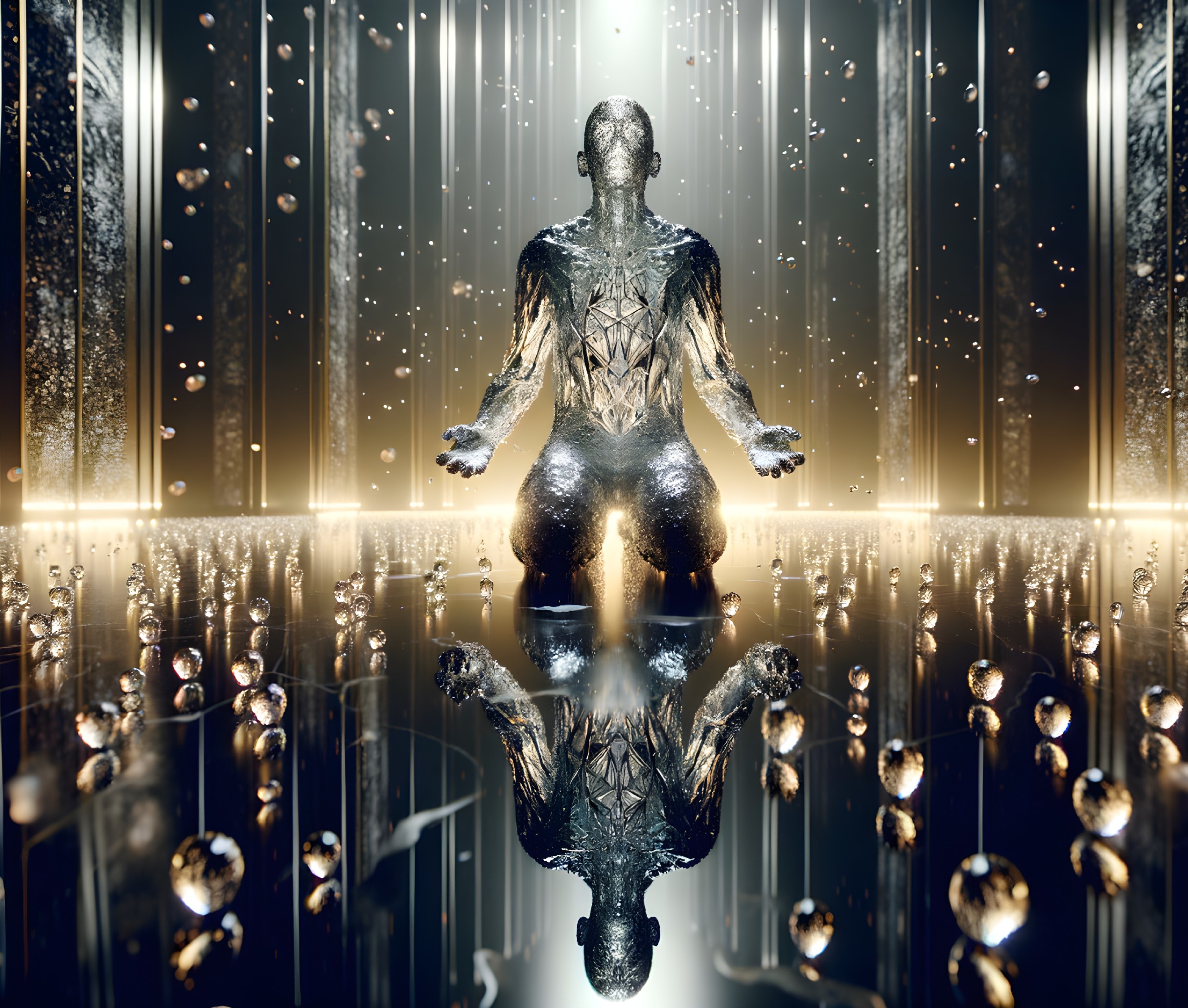 Shiny metallic human figure in meditative pose amid golden-lit room