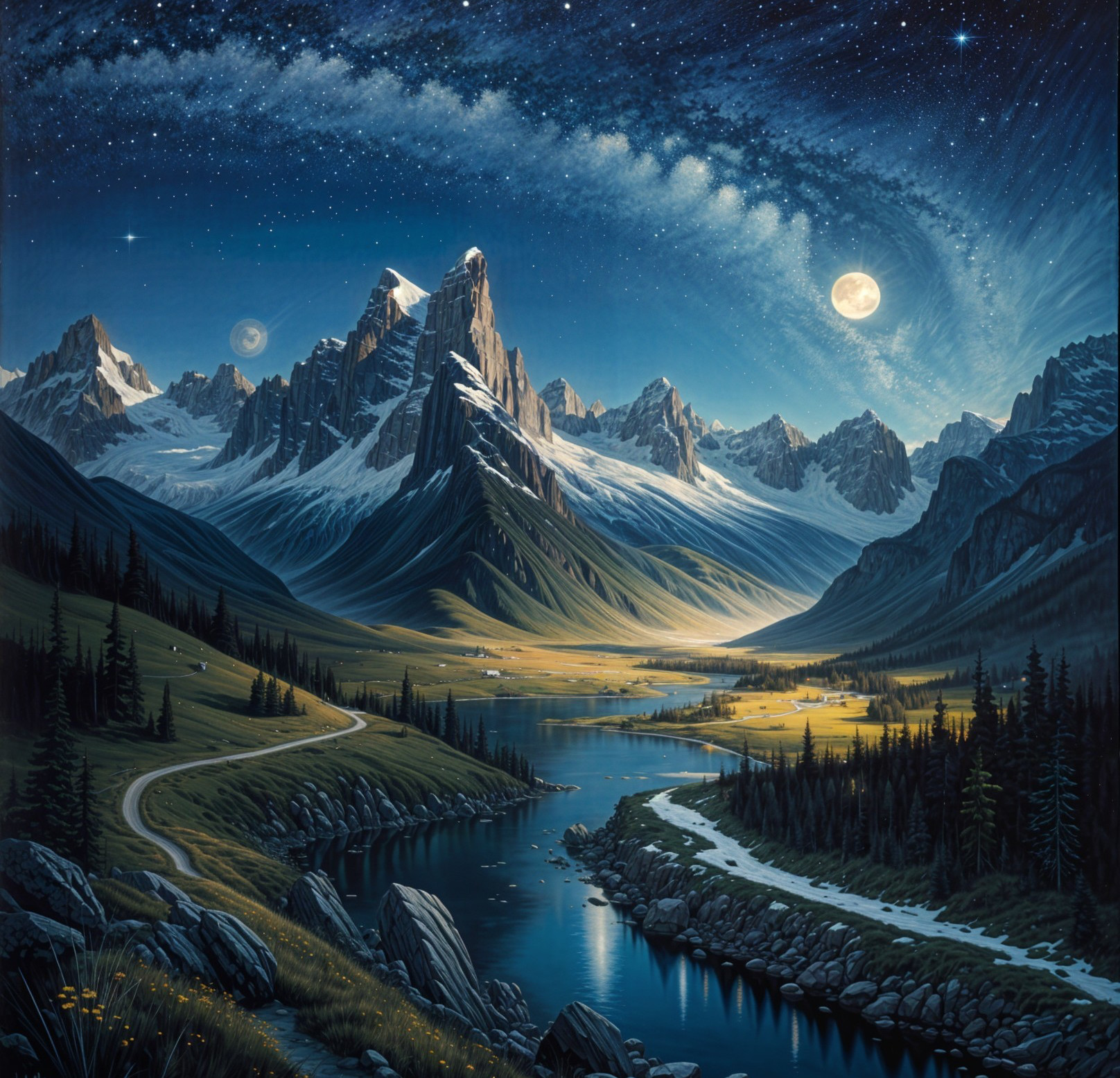 Twilight Landscape with Snow-Capped Mountains and Moons
