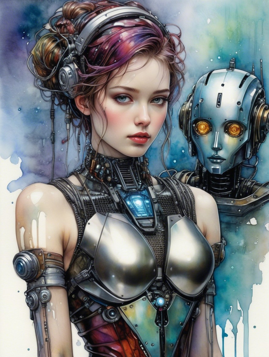 Futuristic Scene of Cybernetic Woman and Robot