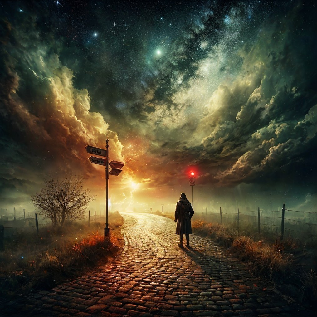 Solitary Figure on Winding Cobblestone Road at Night