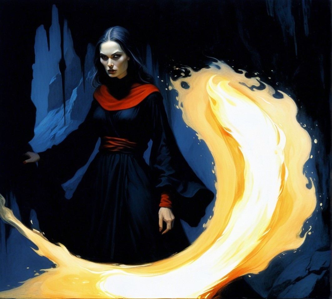 Mysterious Figure in Dark Cave with Flames and Magic