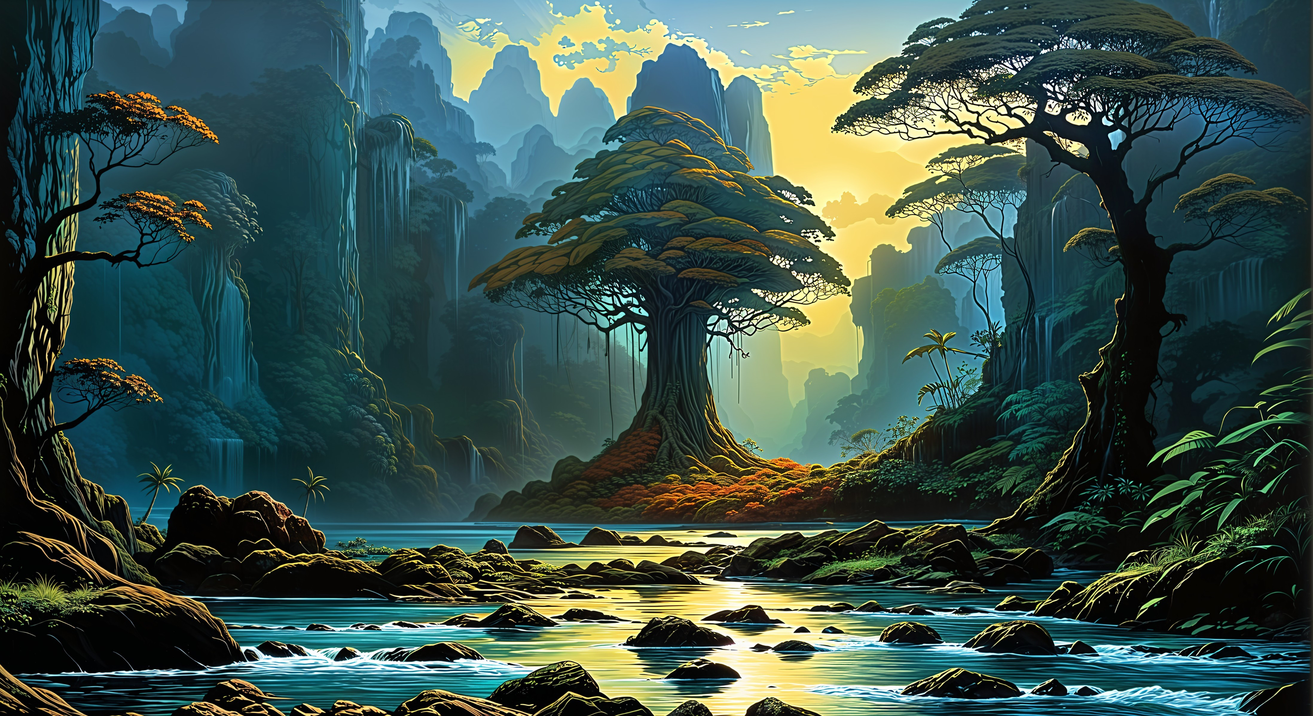Lush Mountain Landscape with Tranquil River at Sunrise