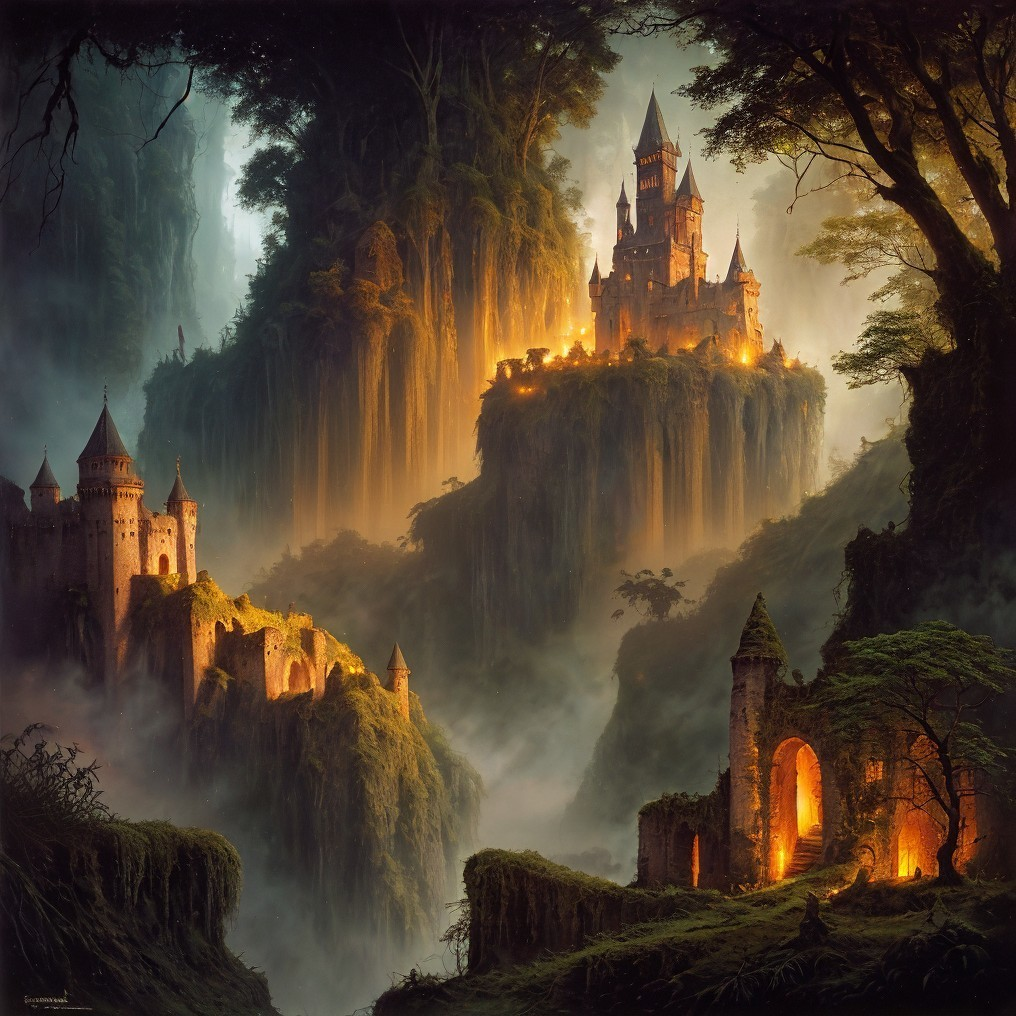 Mystical Landscape with Illuminated Castles and Mist