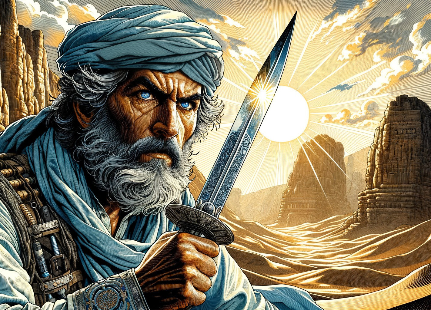 Muscular Warrior in Desert Landscape with Sword