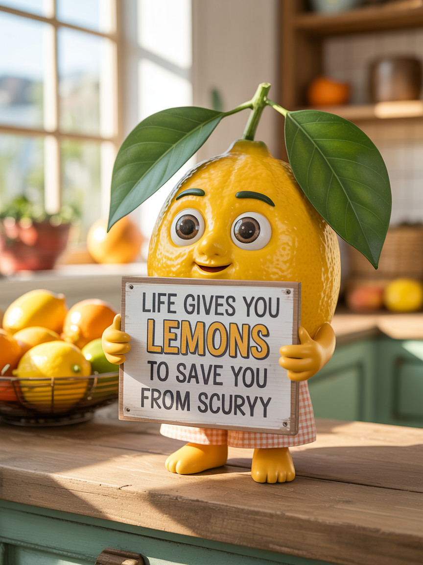 Cheerful Lemon Character in Bright Kitchen Setting