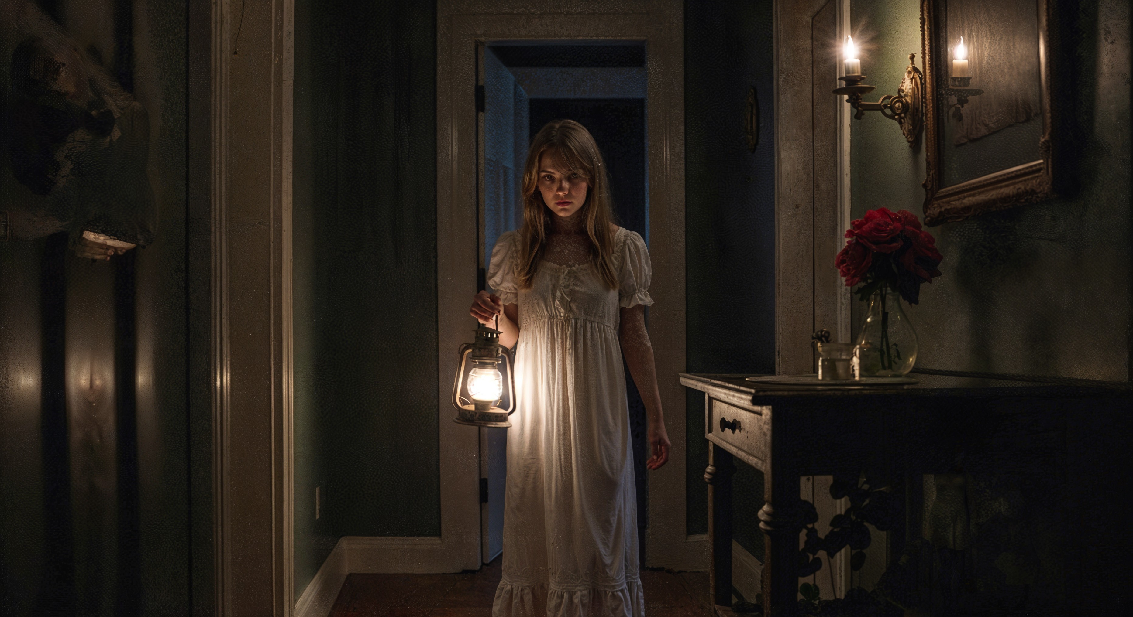 Young girl in dim hallway with lantern and roses