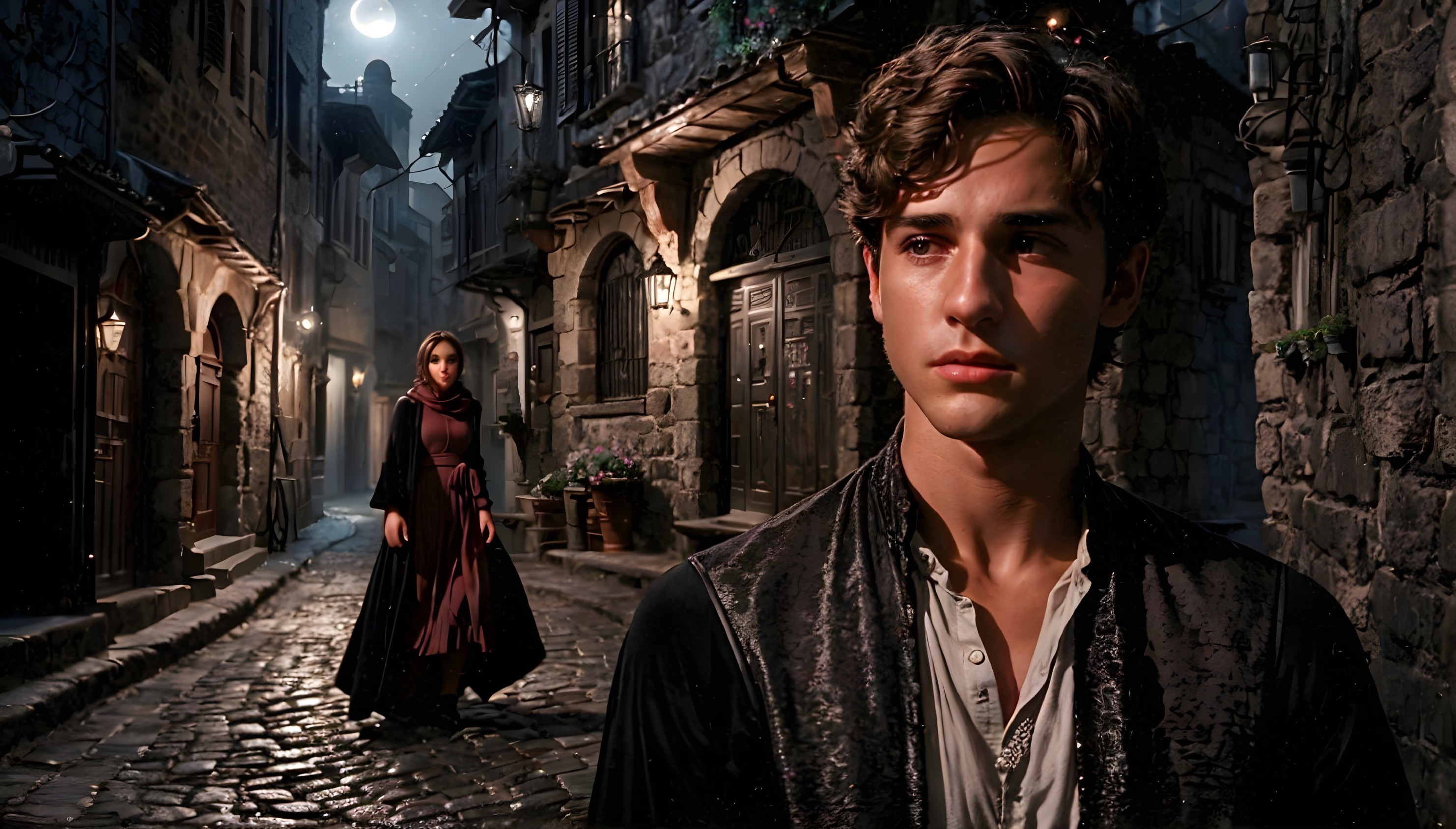 Moonlit Street with Contemplative Young Man and Cloaked Figure