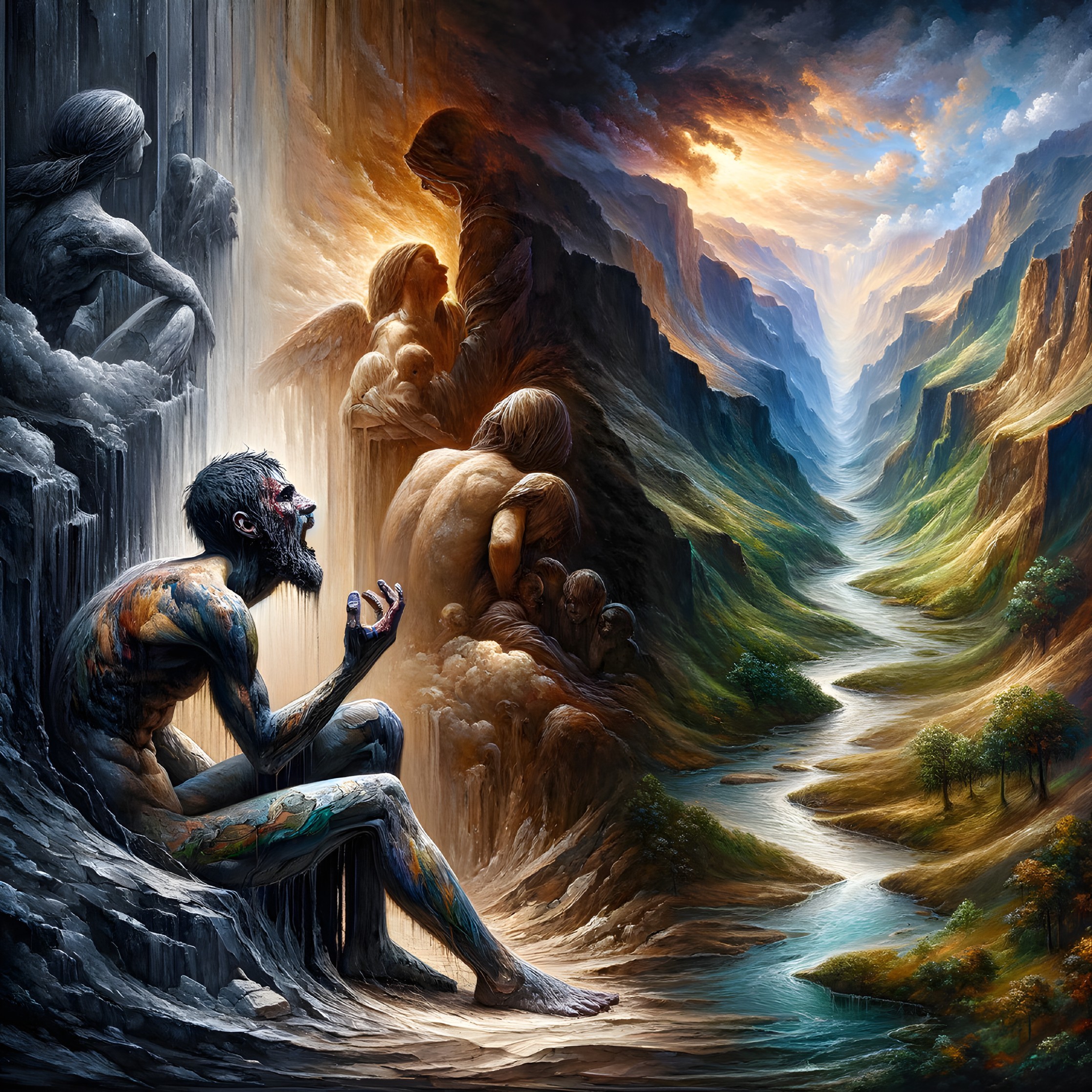 Fantastical landscape with humanoid figure, waterfalls, light, and stone faces