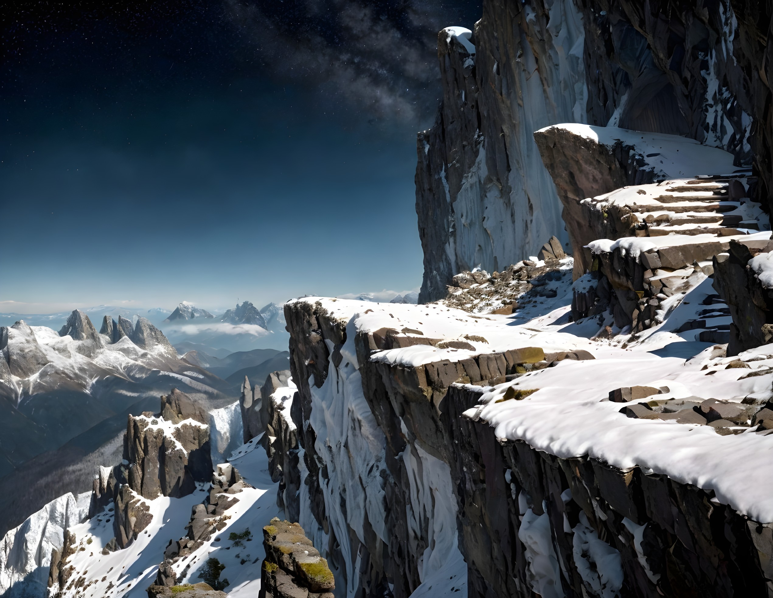 Mountain Landscape with Snowy Cliffs and Moonlight