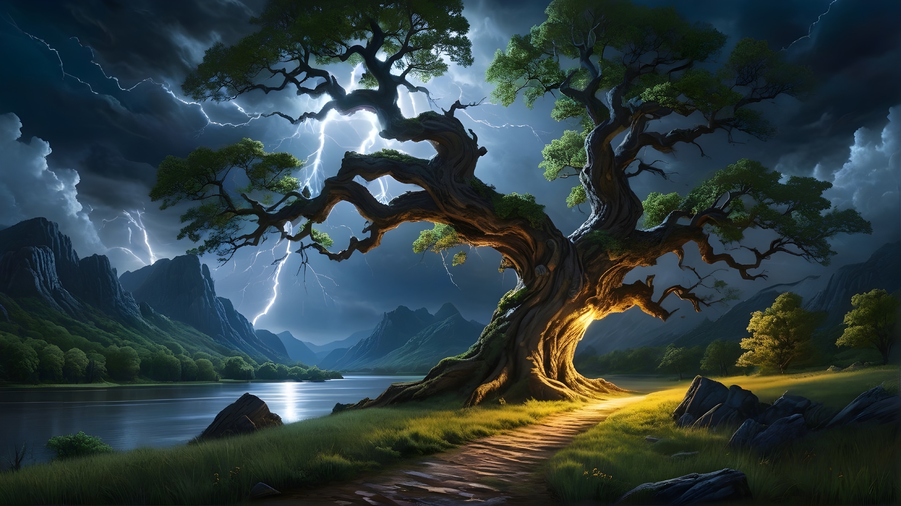 Ancient Tree by Serene River Under Dramatic Sky