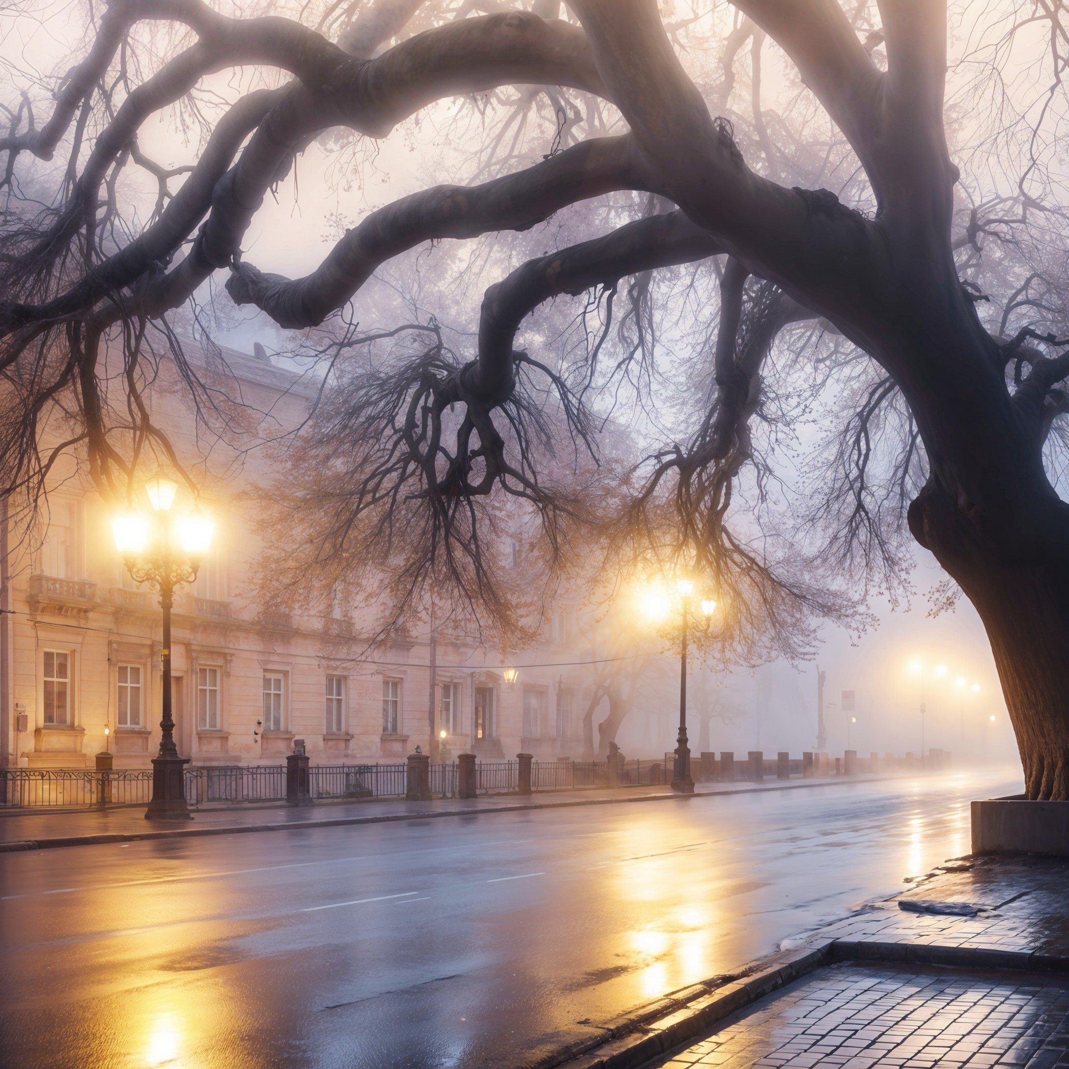 Serene misty city street with glowing street lamps