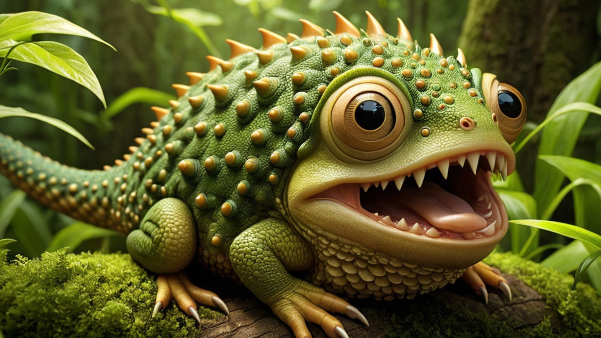 Cartoonish lizard on a mossy log in lush greenery