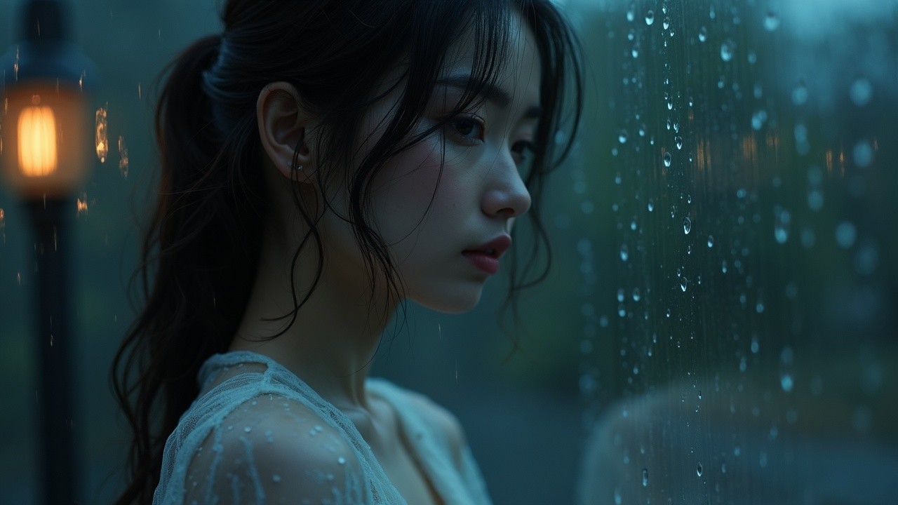 Young Woman Contemplating by Rain-Drenched Window