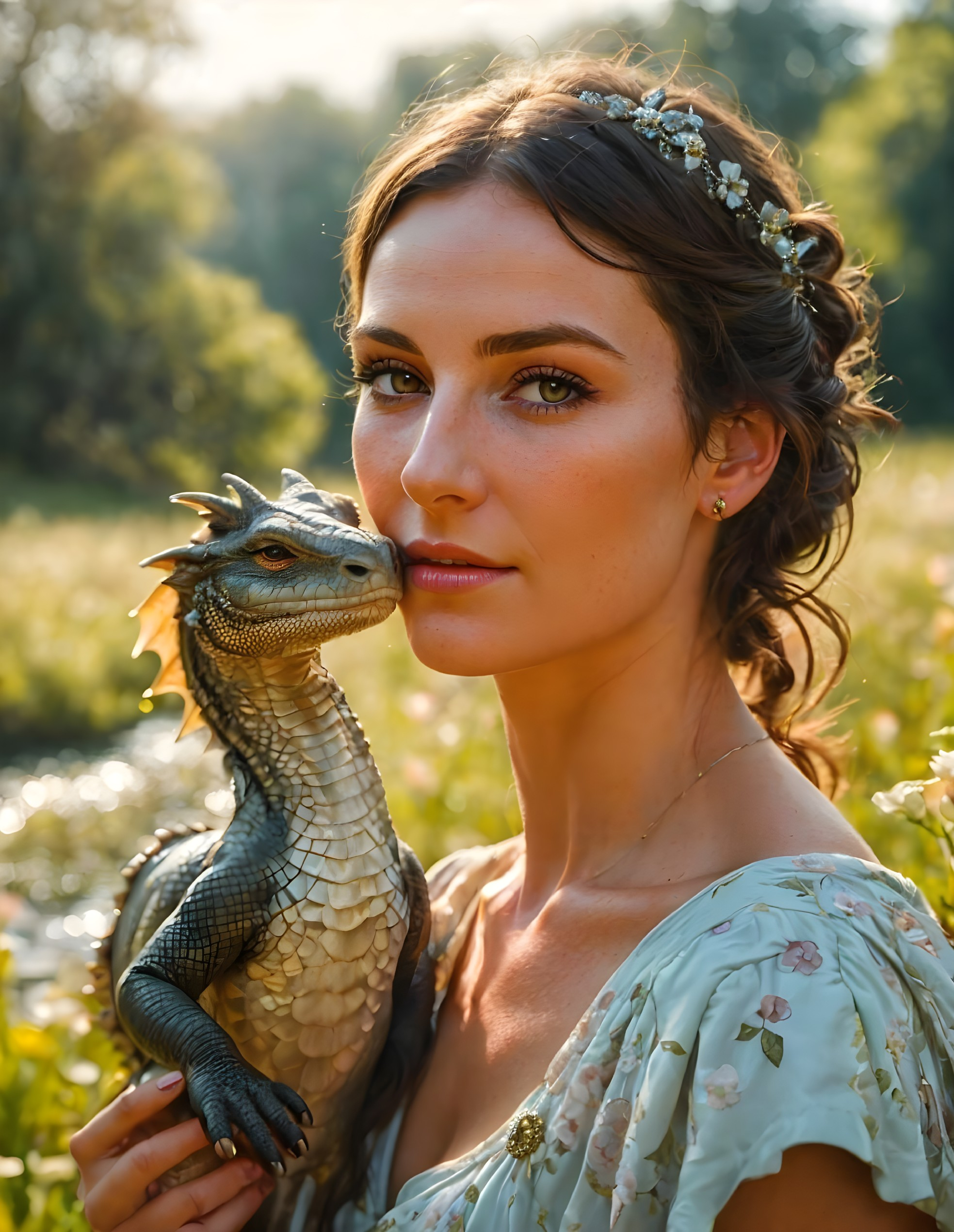 Young woman with dragon in sunlit meadow setting