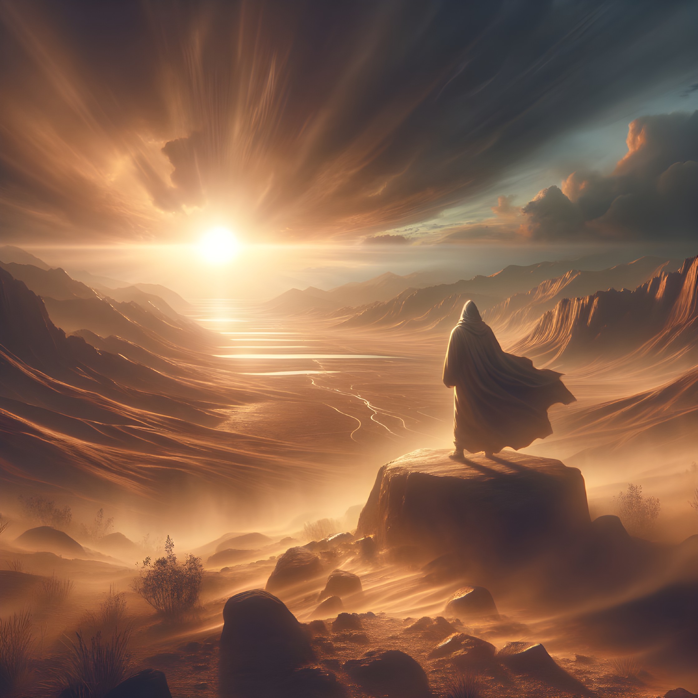 Cloaked figure on rock gazes at misty landscape with sunbeams and river