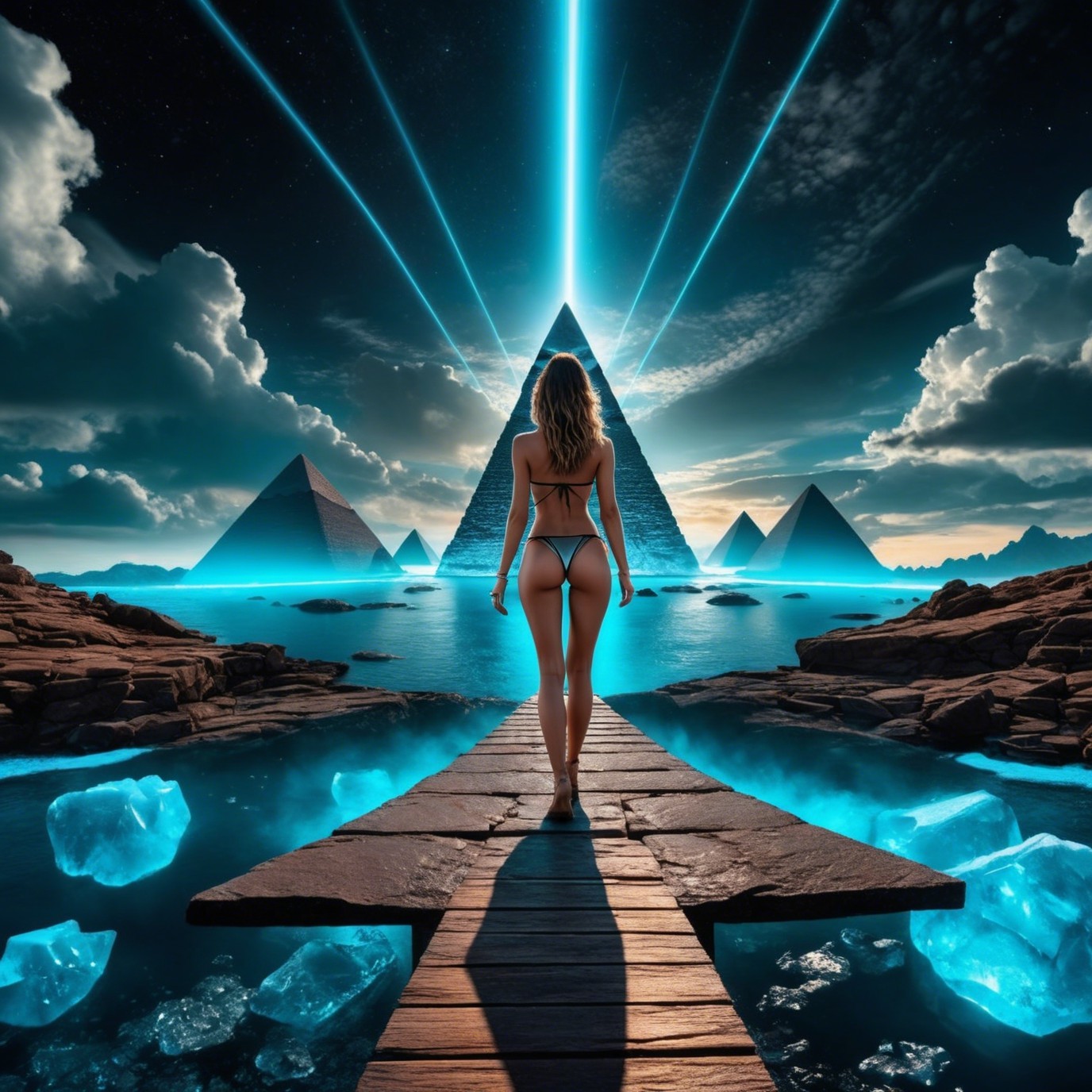 Lone Figure on Pathway to Illuminated Pyramids