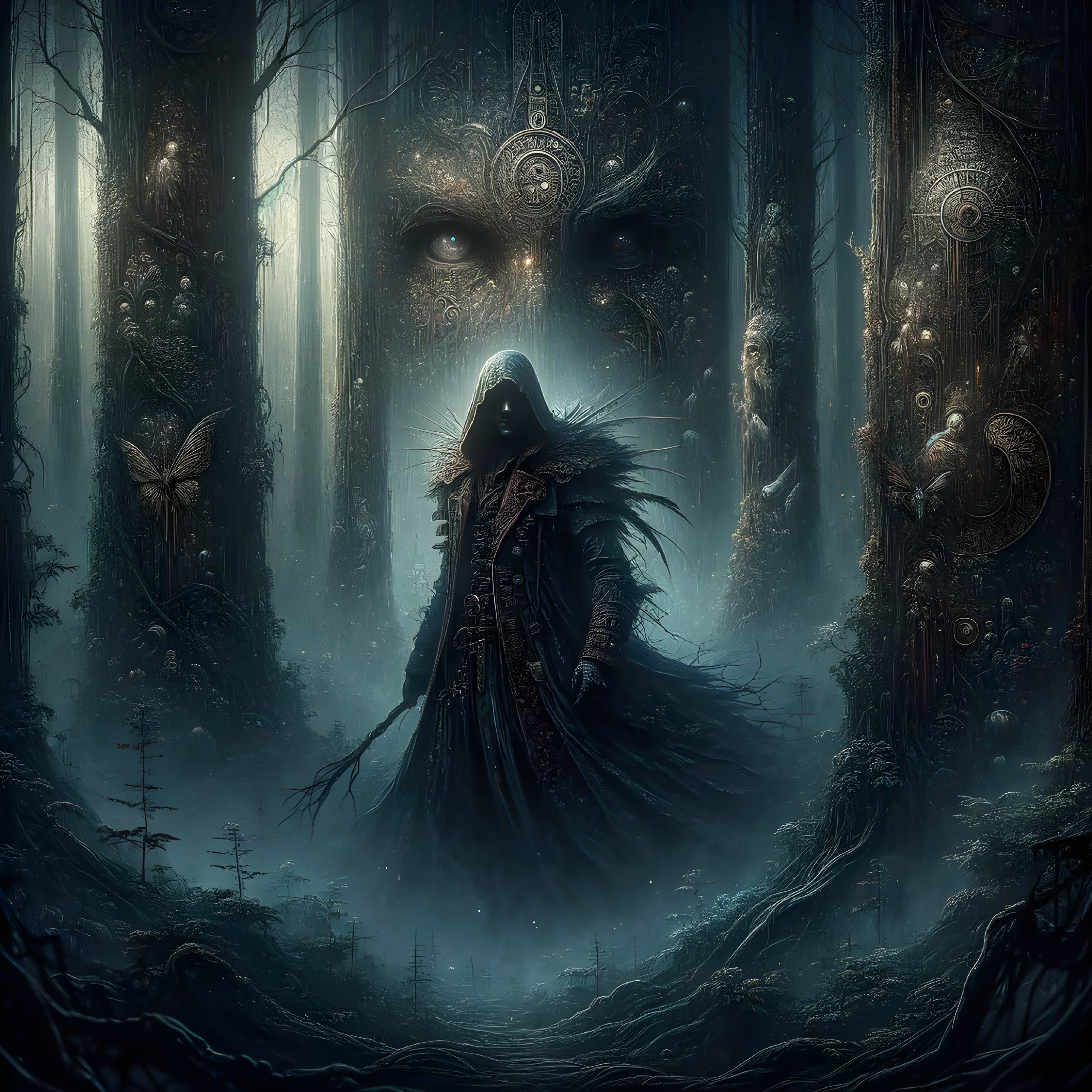 Mystical cloaked figure in foggy forest with ancient doors