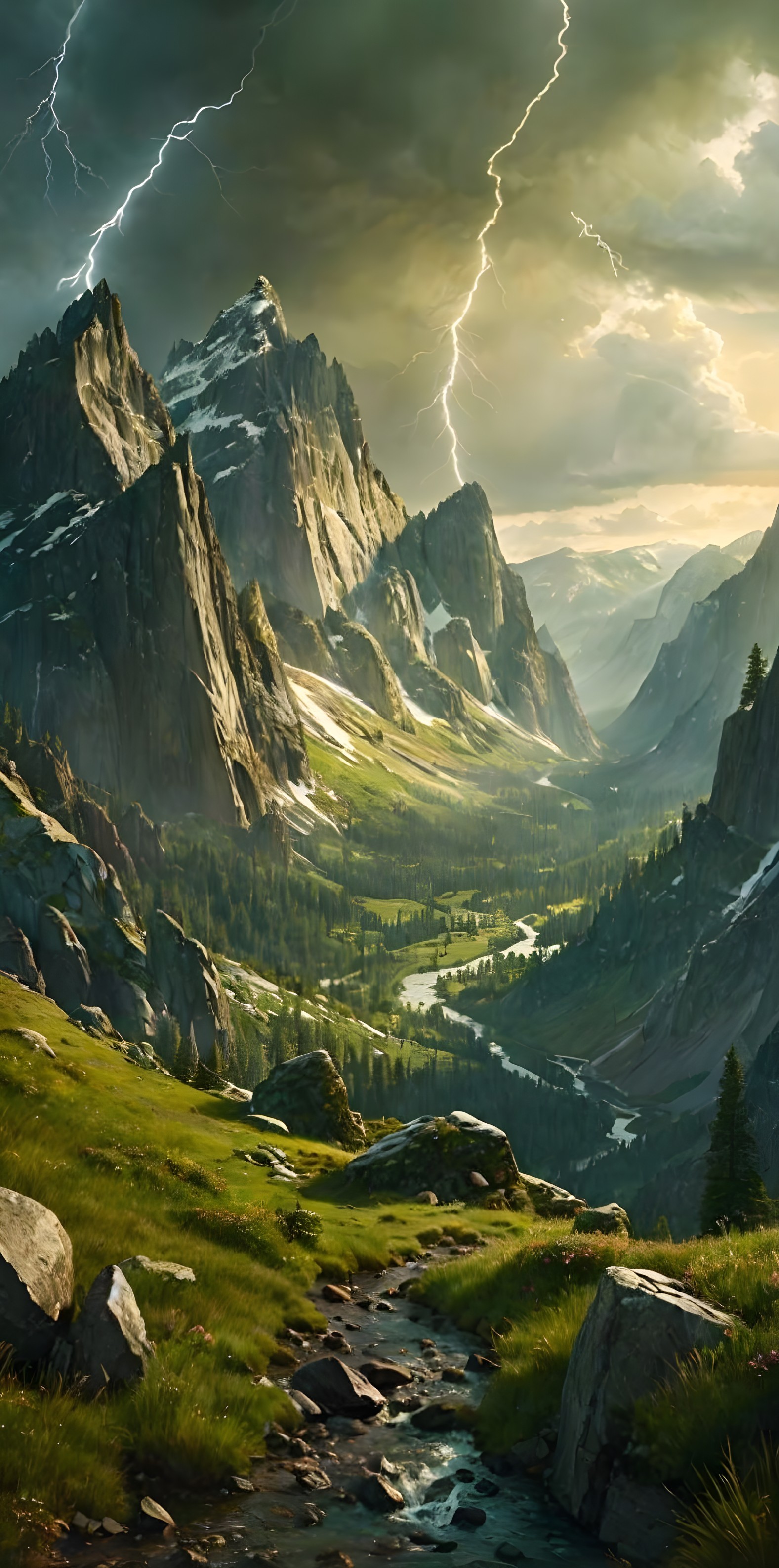 Dramatic Landscape of Mountains and Lush Valley