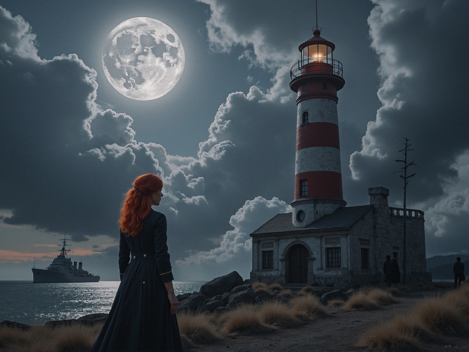 Solitary Figure by Lighthouse Under Night Sky