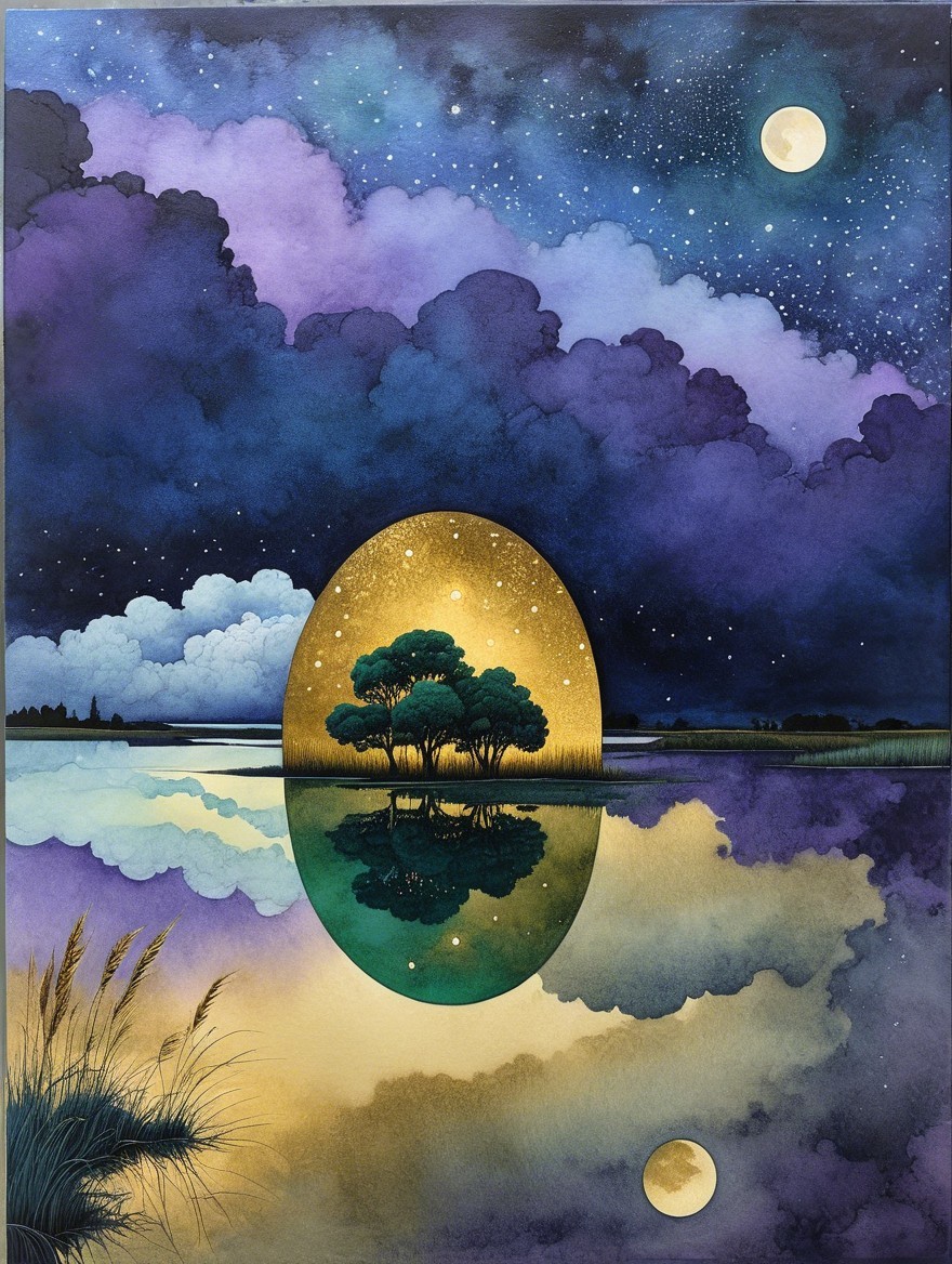 Tranquil Lake and Dreamlike Night Sky Landscape