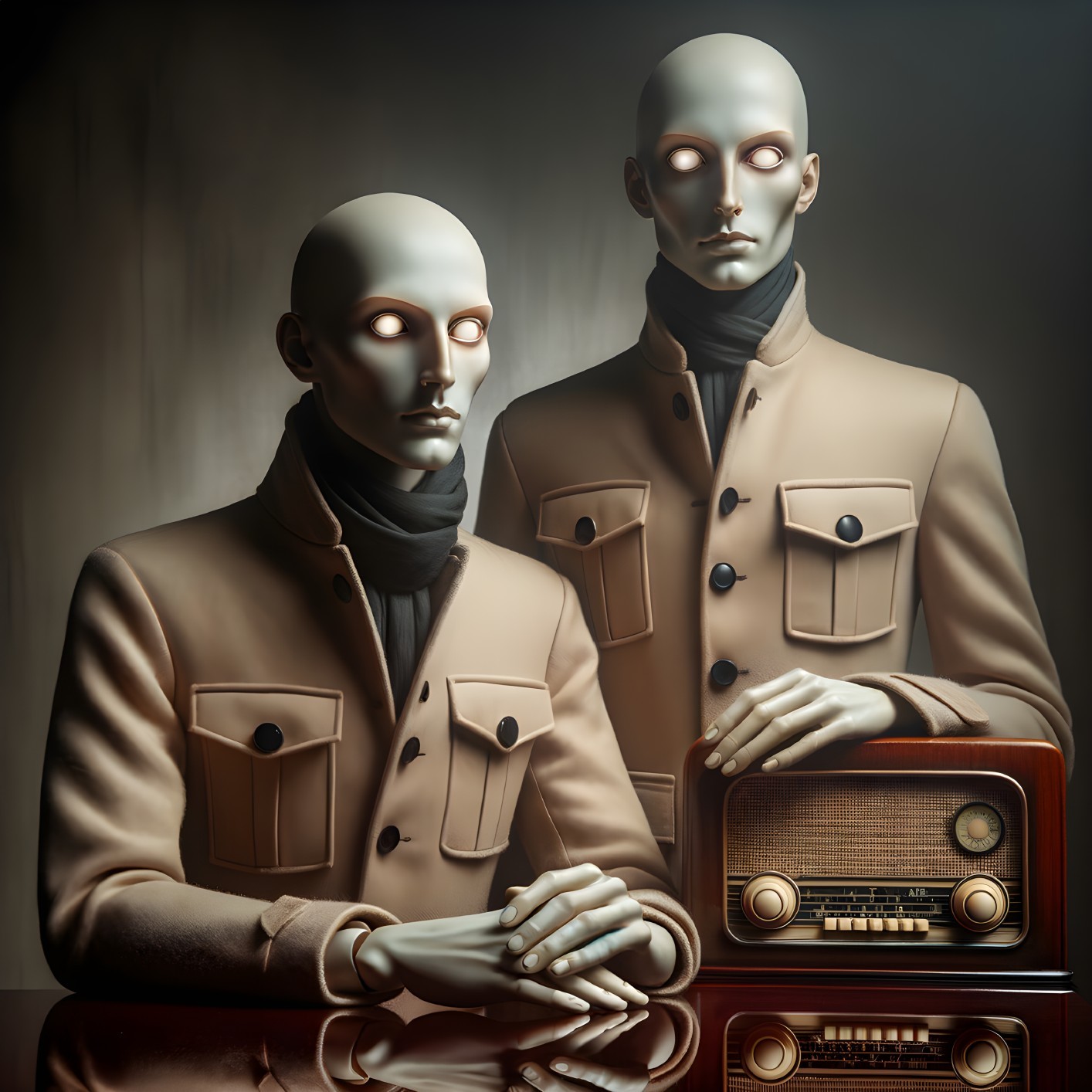 Stylized Mannequins with Vintage Radio in Eerie Setting