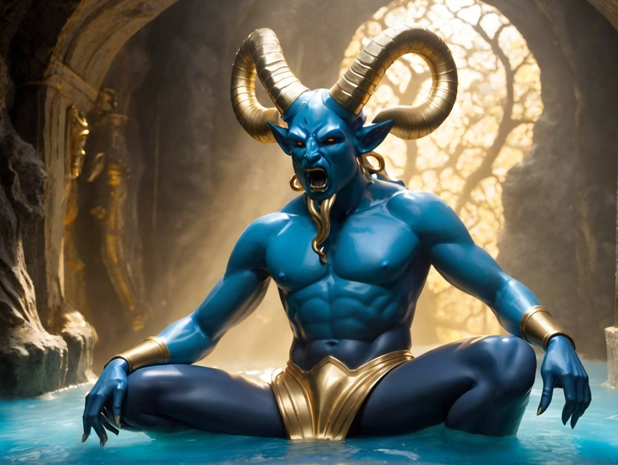 Blue-Skinned Creature in Serene Water Pool Setting