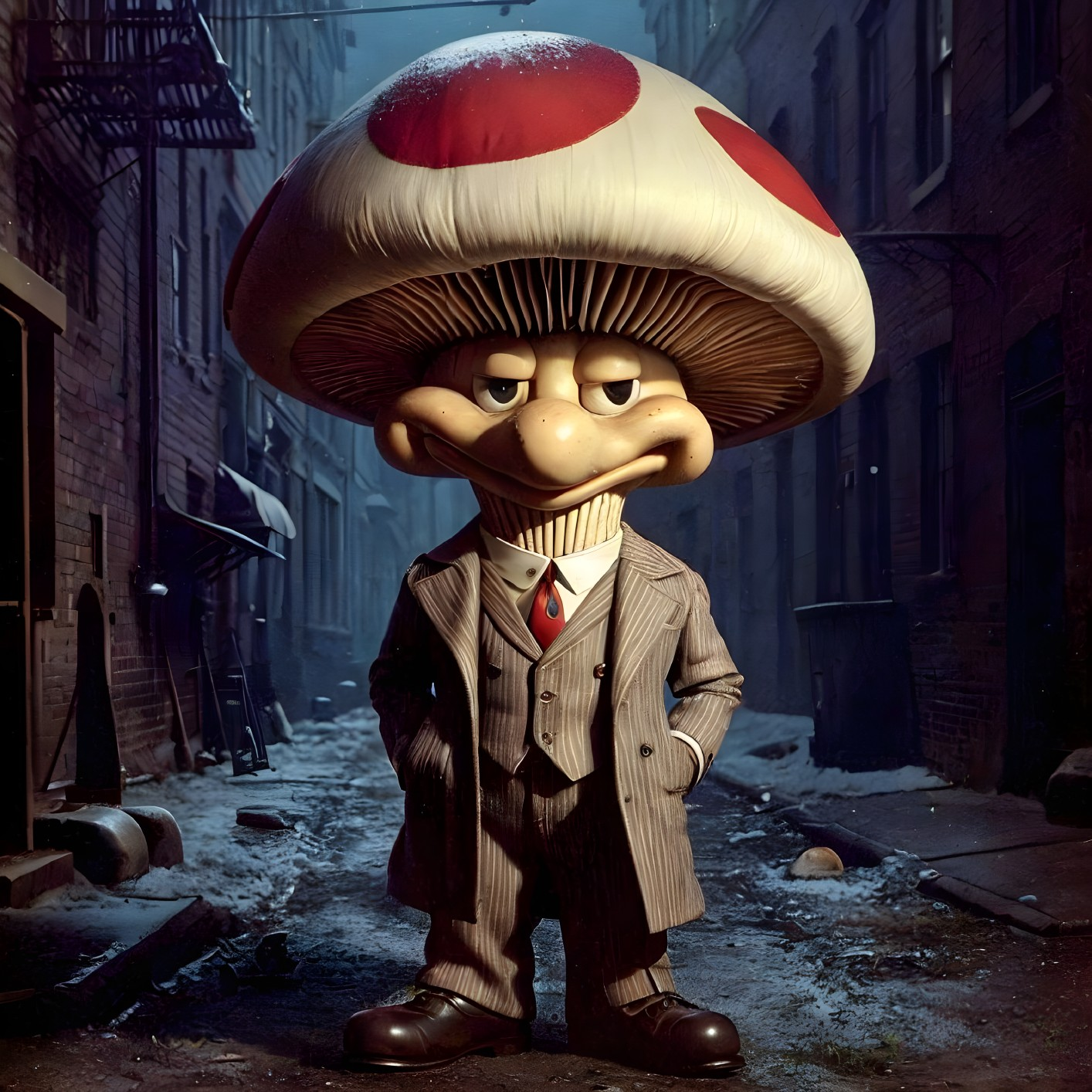 Cartoon Character with Mushroom Cap in Urban Alleyway
