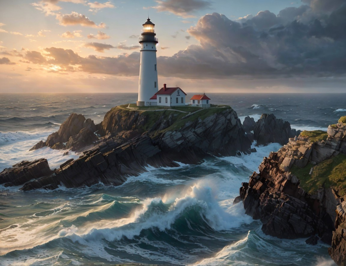 Lighthouse on Cliffs with Sunset and Ocean Waves