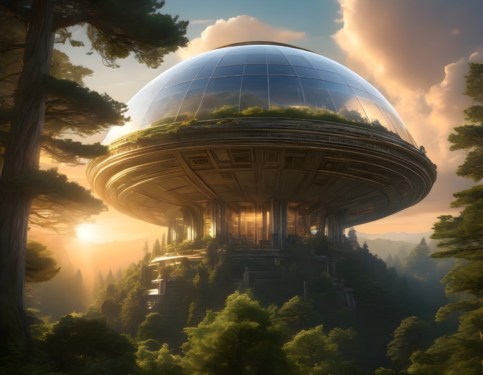 Futuristic dome structure in forest with sunlight filtering through trees