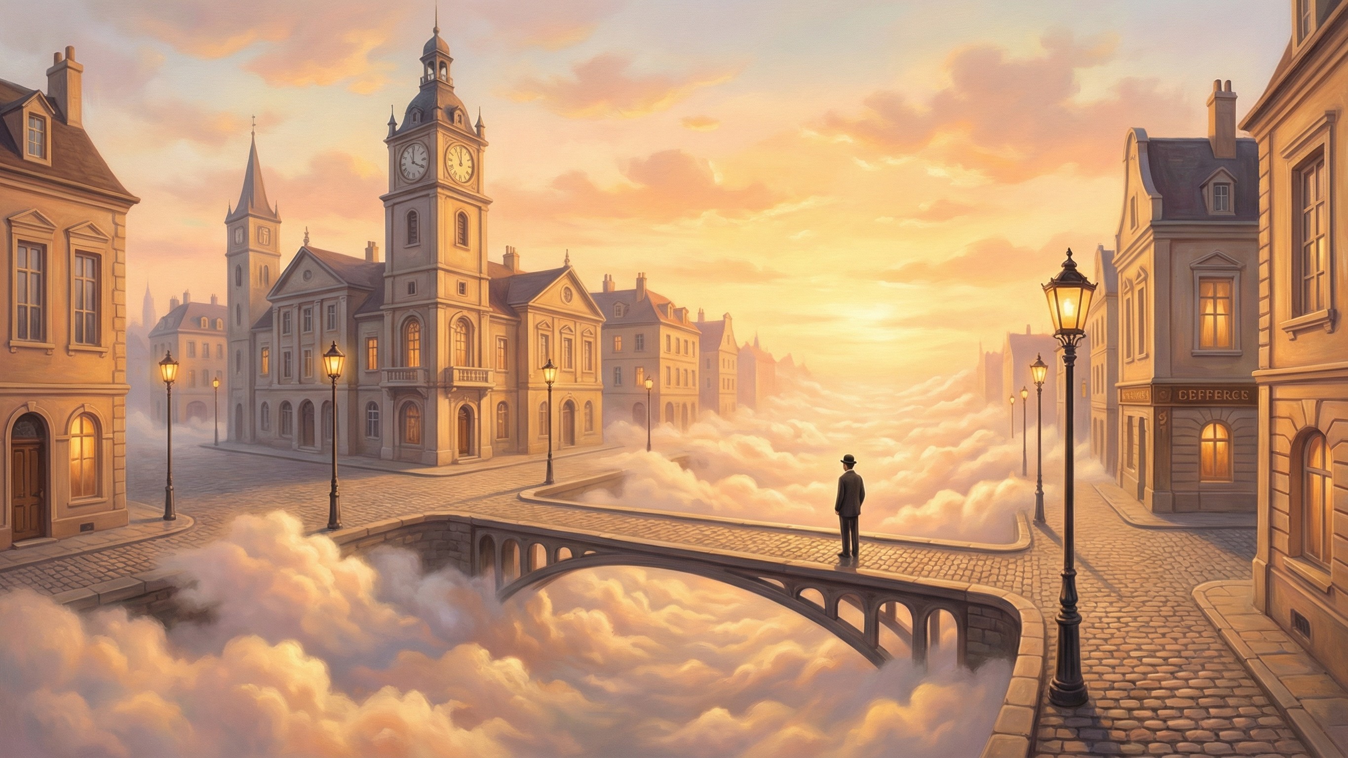 Surreal Cityscape in Clouds with Bridge and Man