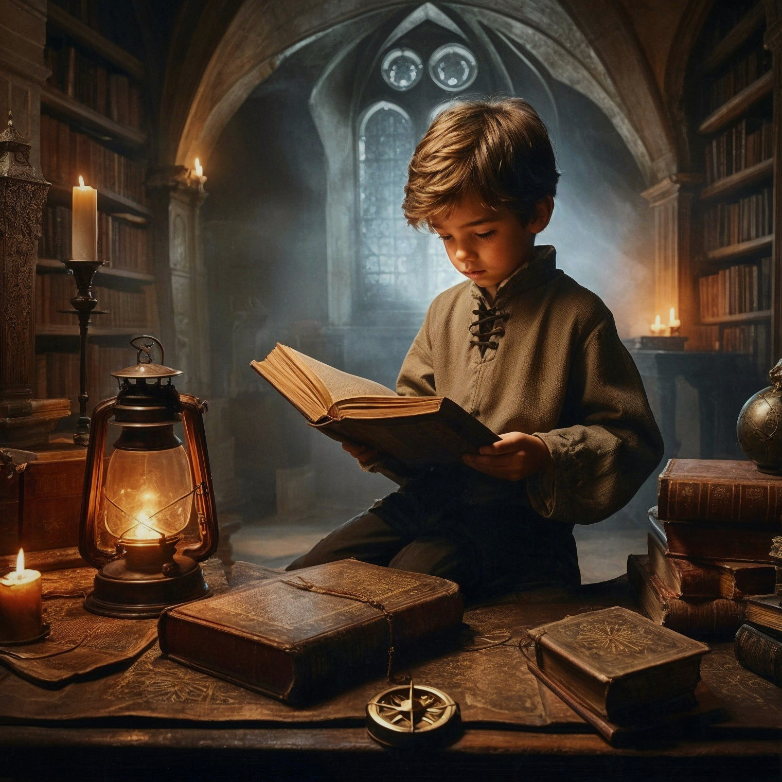 Young boy reading in an ancient library setting