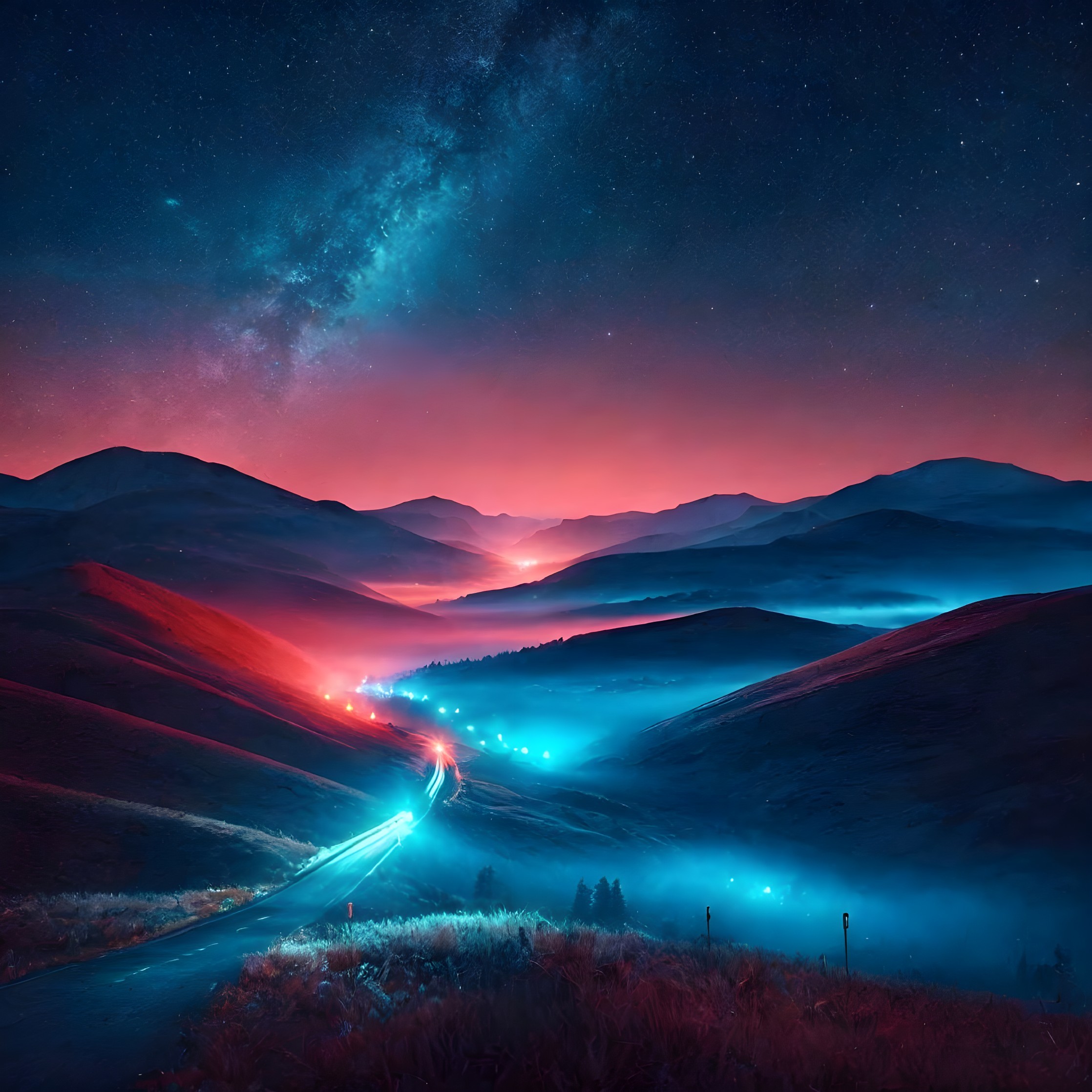 Serene Landscape with Rolling Hills and Starry Sky