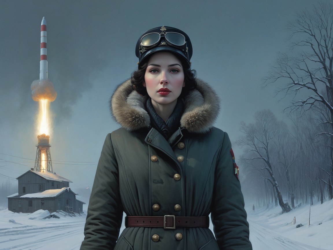 Vintage Military Scene with Woman and Missile Launch