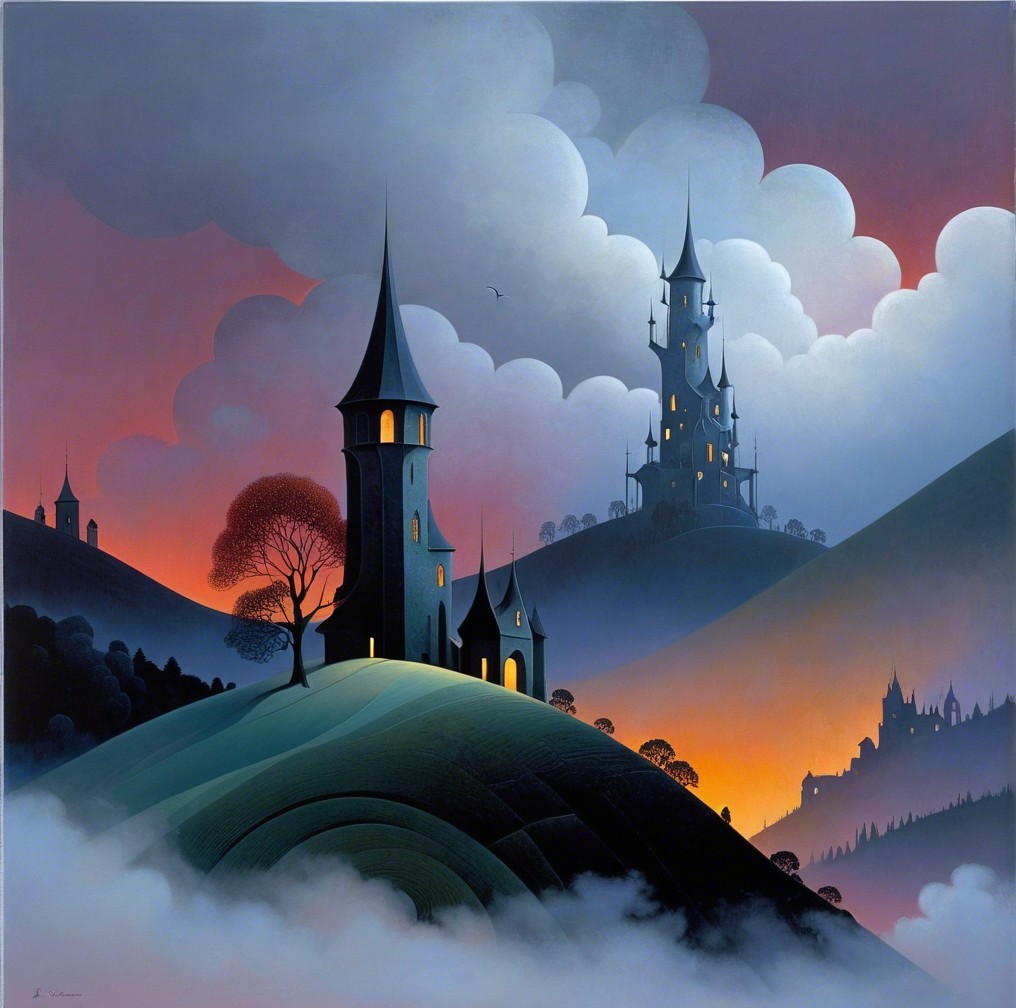 Surreal Landscape with Castles and Twilight Sky