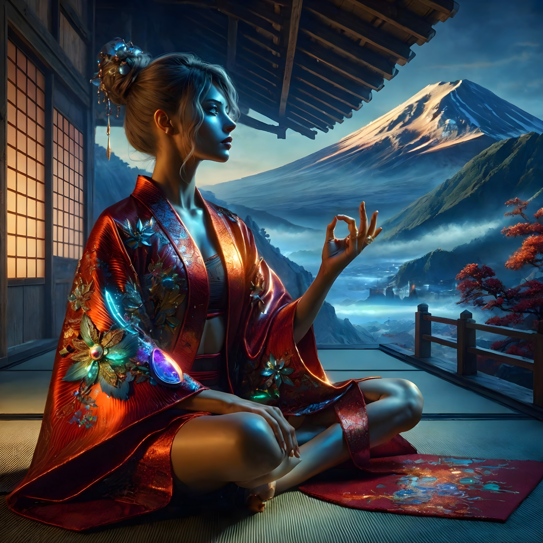 Woman in red kimono meditates with crystal, Mount Fuji in serene landscape